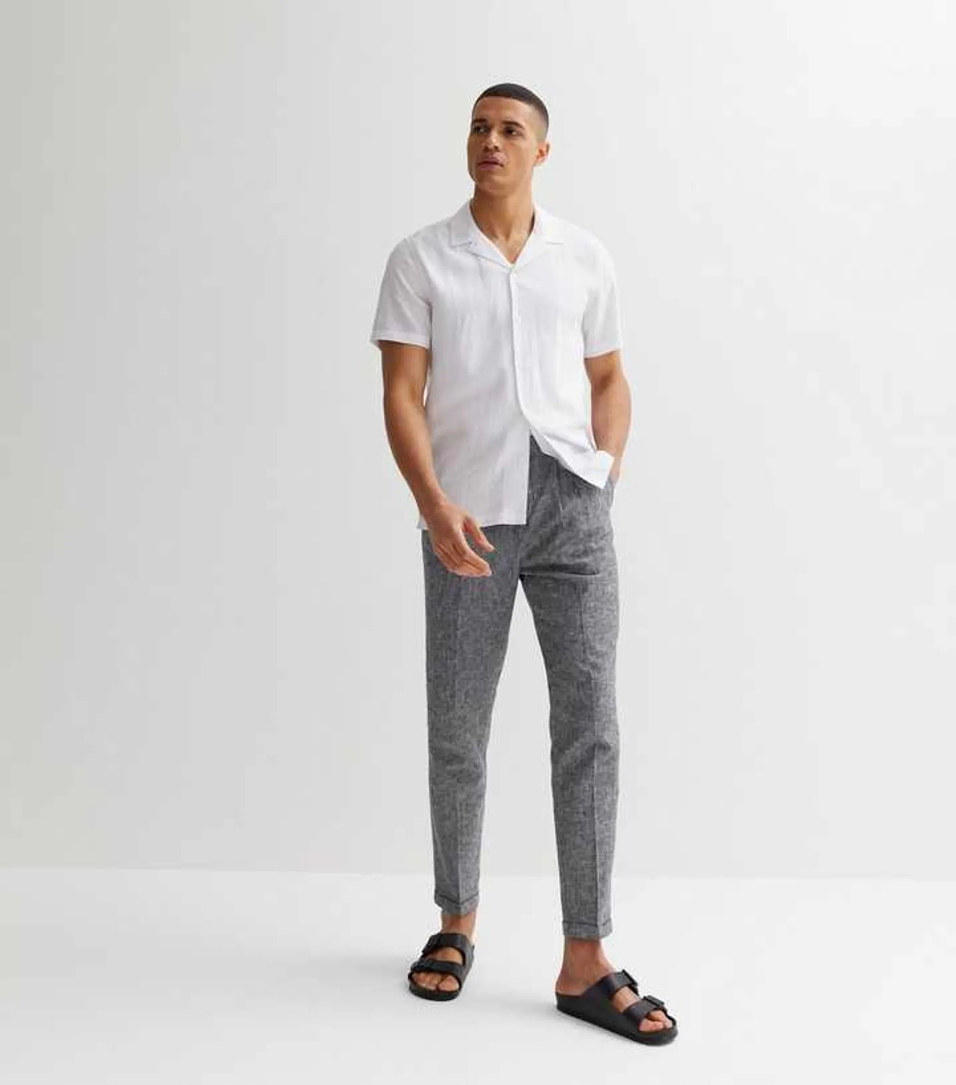 Blue Linen Blend Double Pleated Slim Fit Trousers