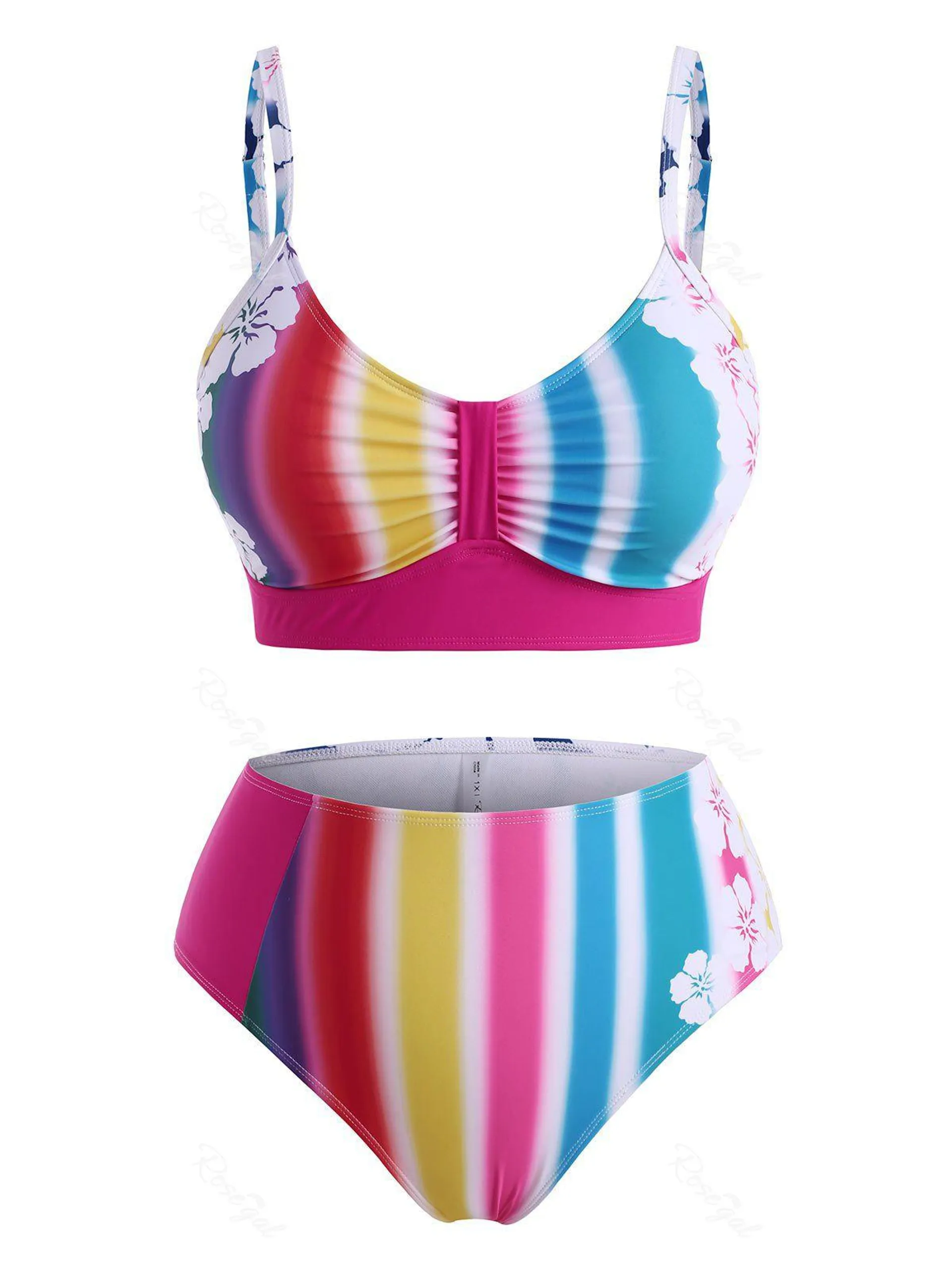 Plus Size Rainbow Striped Flower High Waisted Bikini Swimwear - 4x