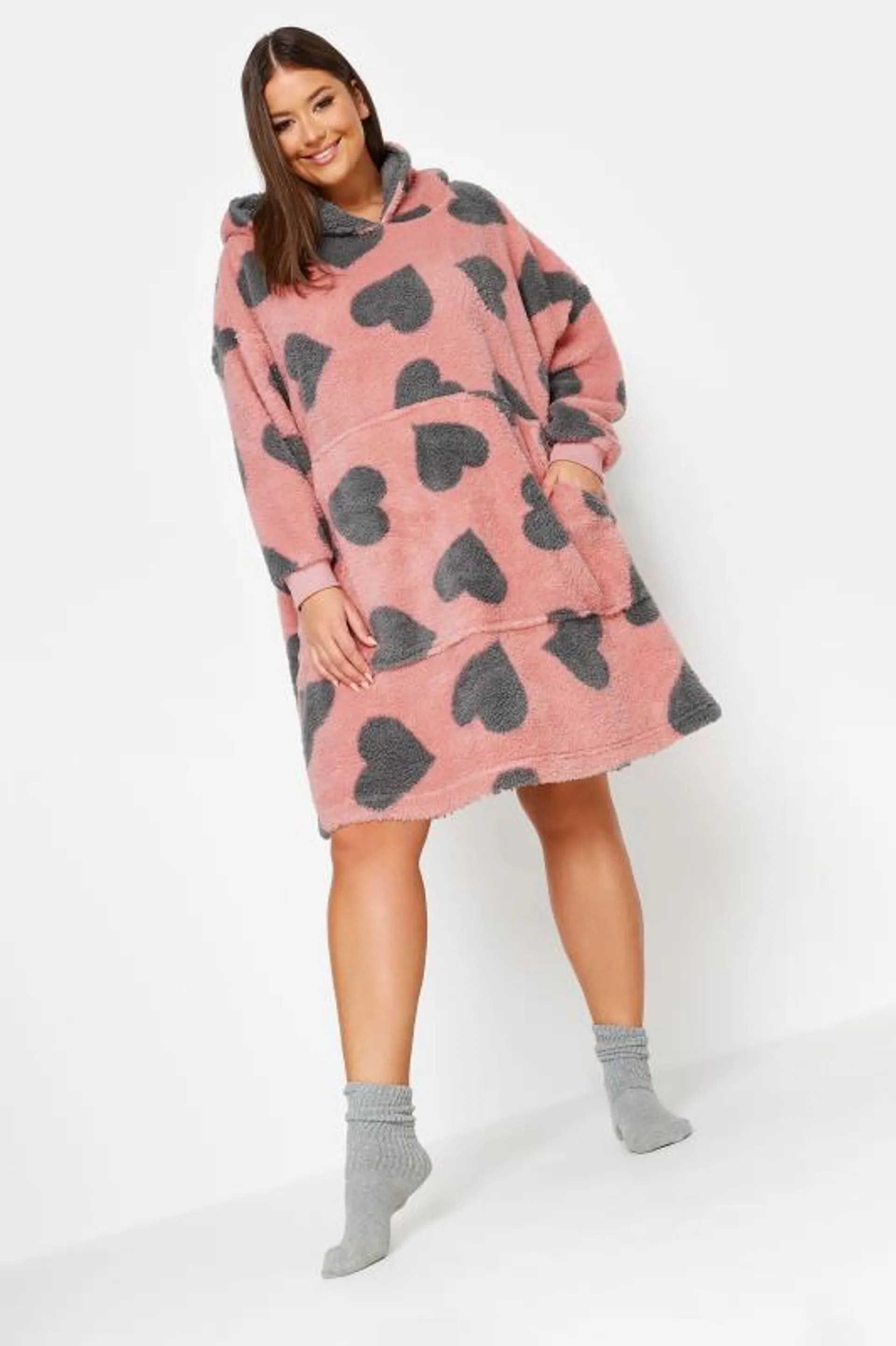 YOURS Curve Pink & Grey Heart Print Snuggle Hoodie