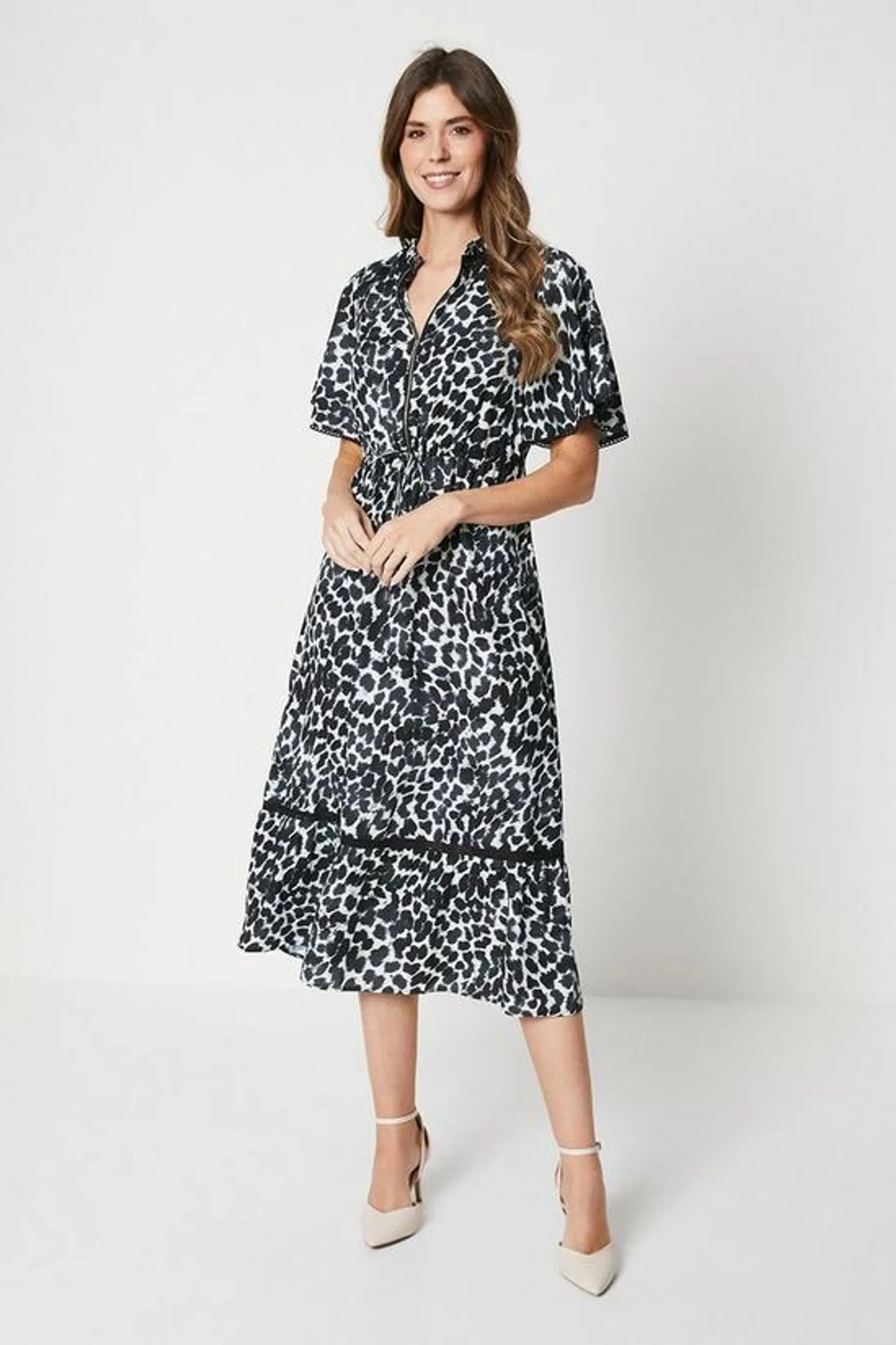 Animal Print Flutter Sleeve Zip Midi Shirt Dress