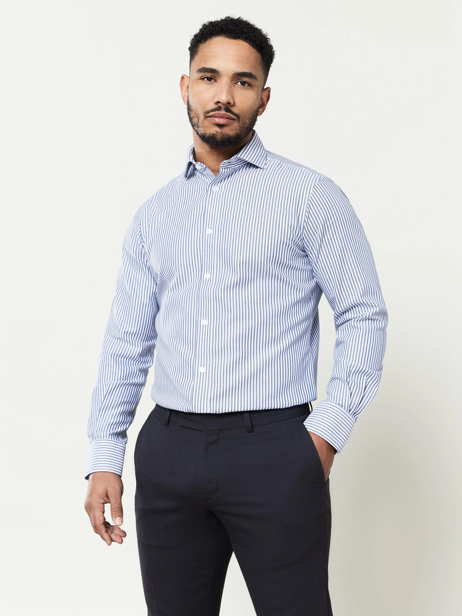 Non Iron Fitted SC Navy and White Bengal Stripe Shirt