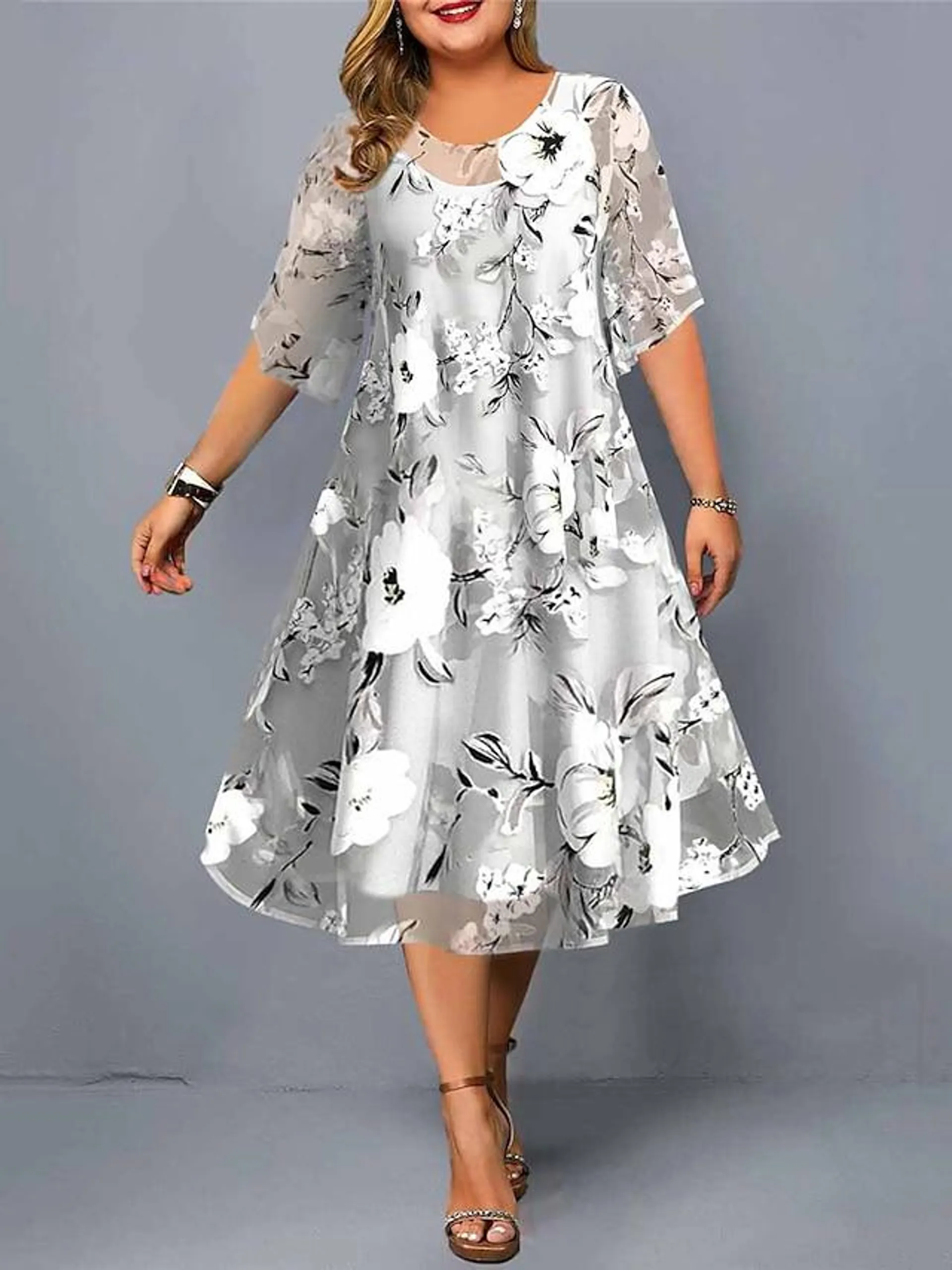 Women's Plus Size Casual Dress Dress Set Chiffon Dress Floral Midi Dress Half Sleeve Print Crew Neck Fashion Daily Gray Summer Spring L XL XXL 3XL 4XL