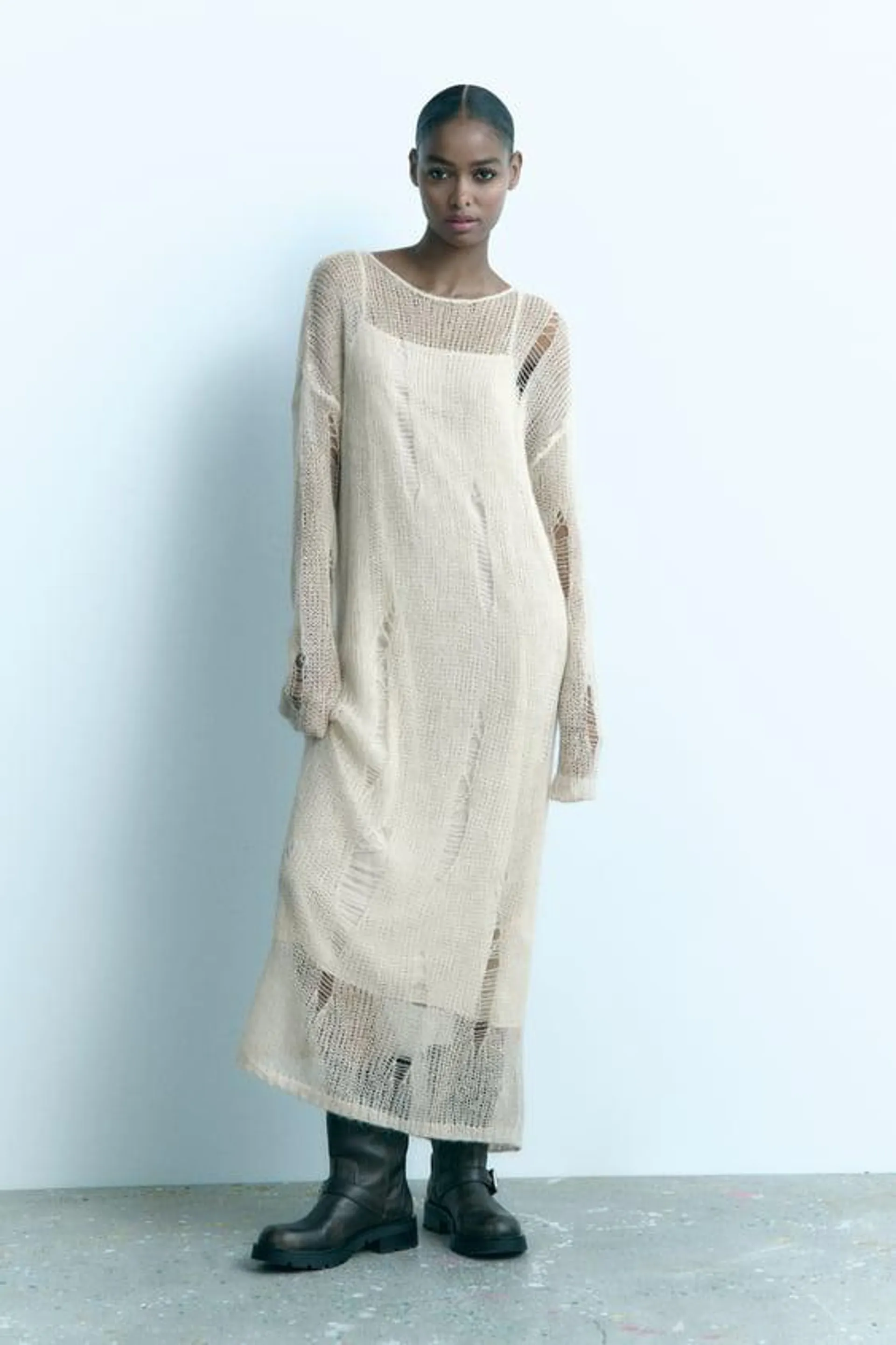 WOOL AND ALPACA BLEND RIPPED KNIT DRESS