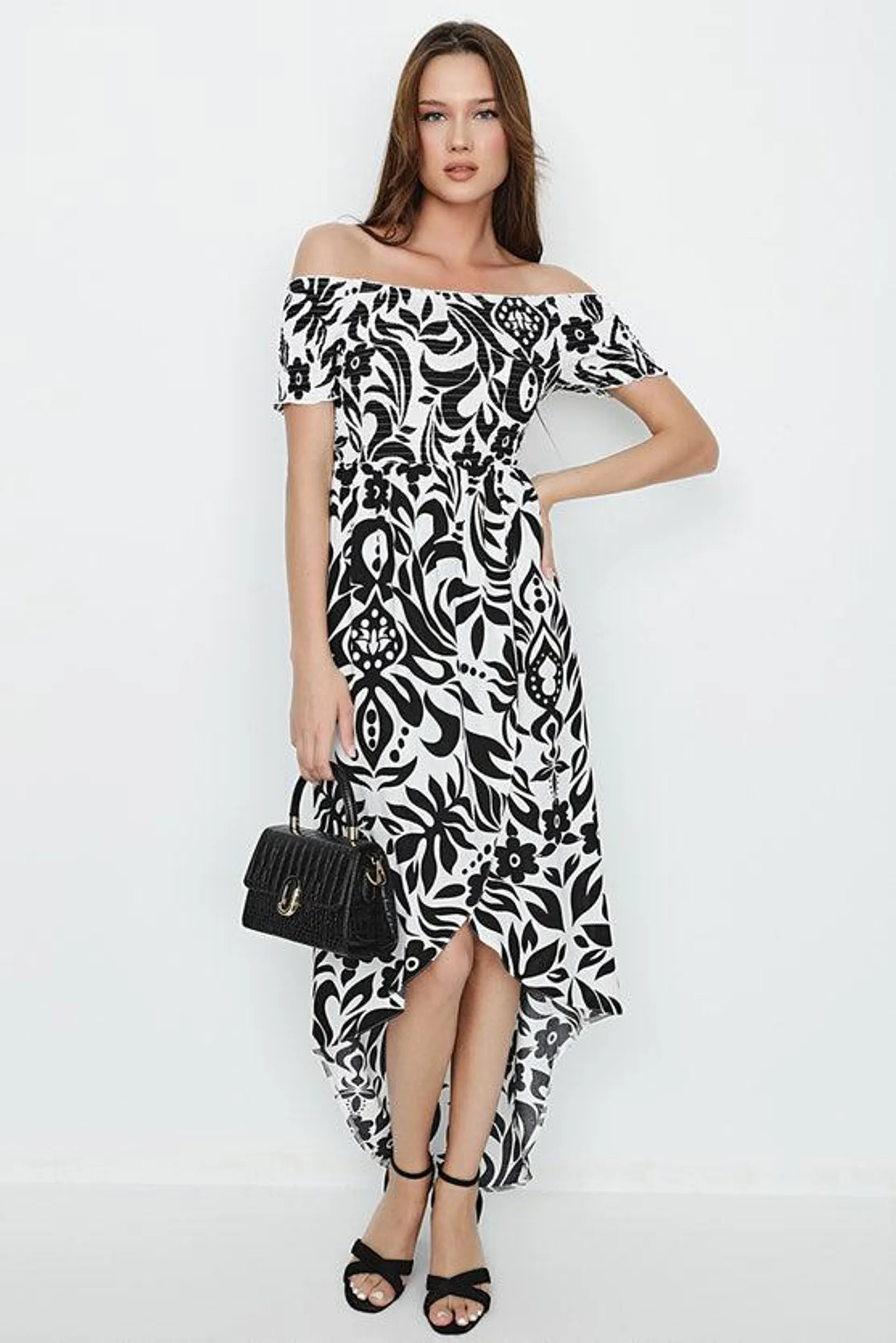 Mono Printed Bardot Shirred Viscose Maxi Dress