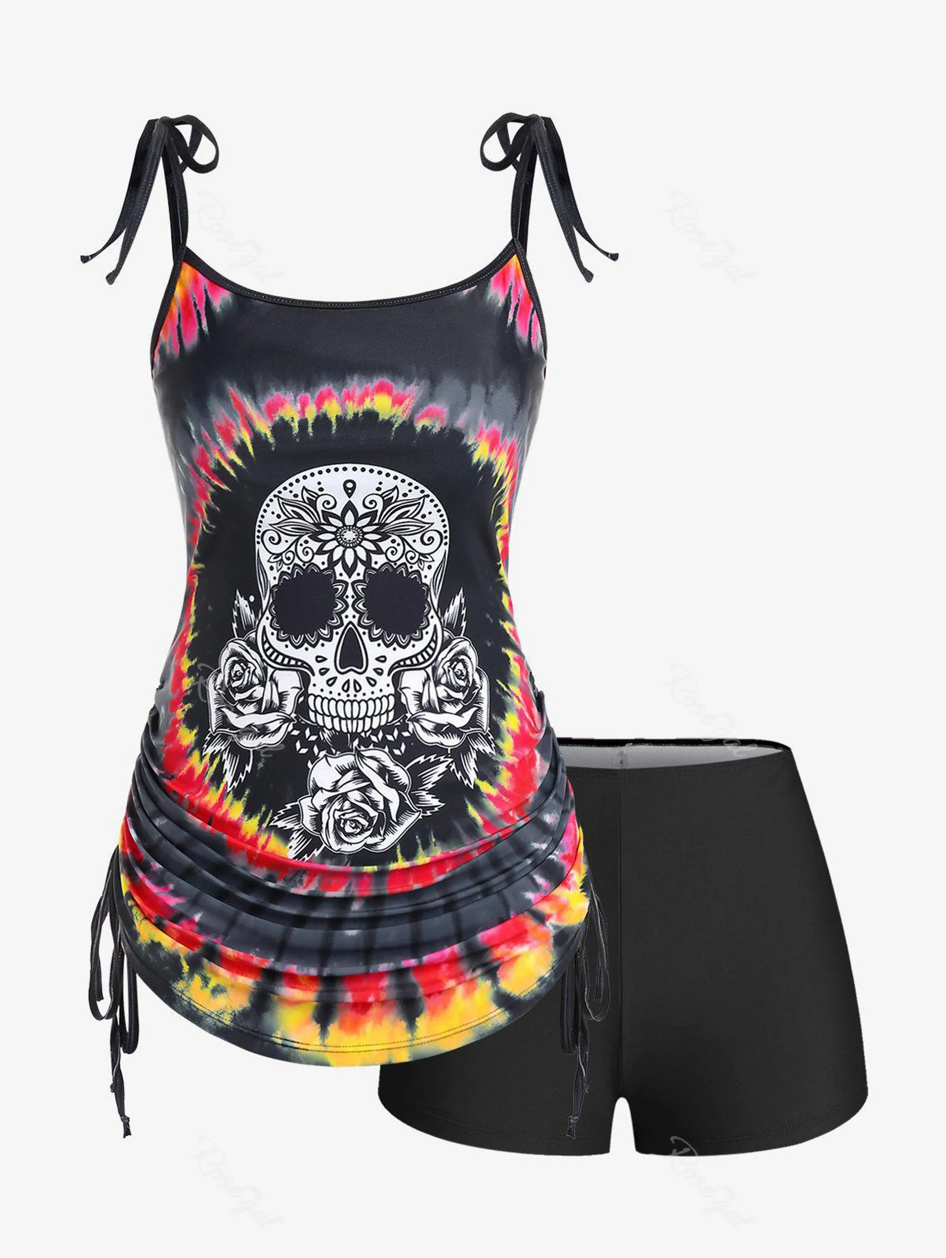 Plus Size Skull Rose Tie Dye Print Cinched Ruched Tie Boyshorts Tankini Swimsuit - 3x | Us 22-24