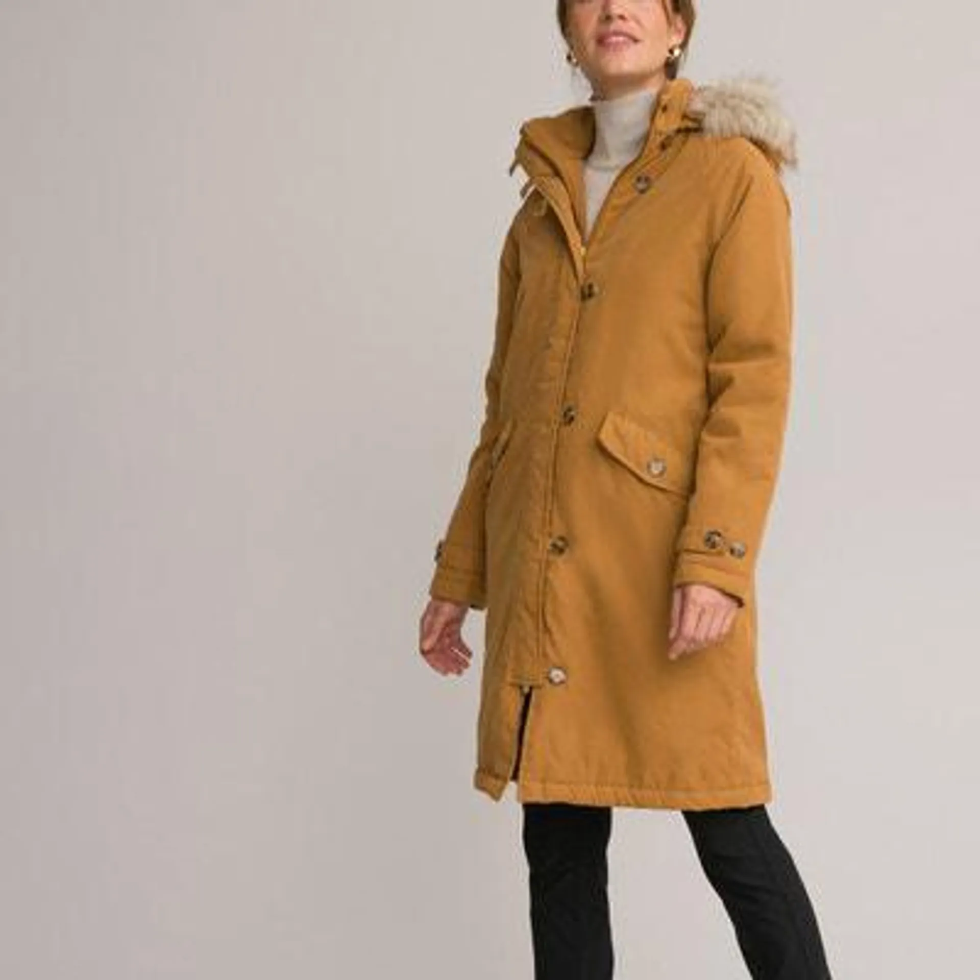 Recycled Mid-Length Parka with Hood and Zip Fastening