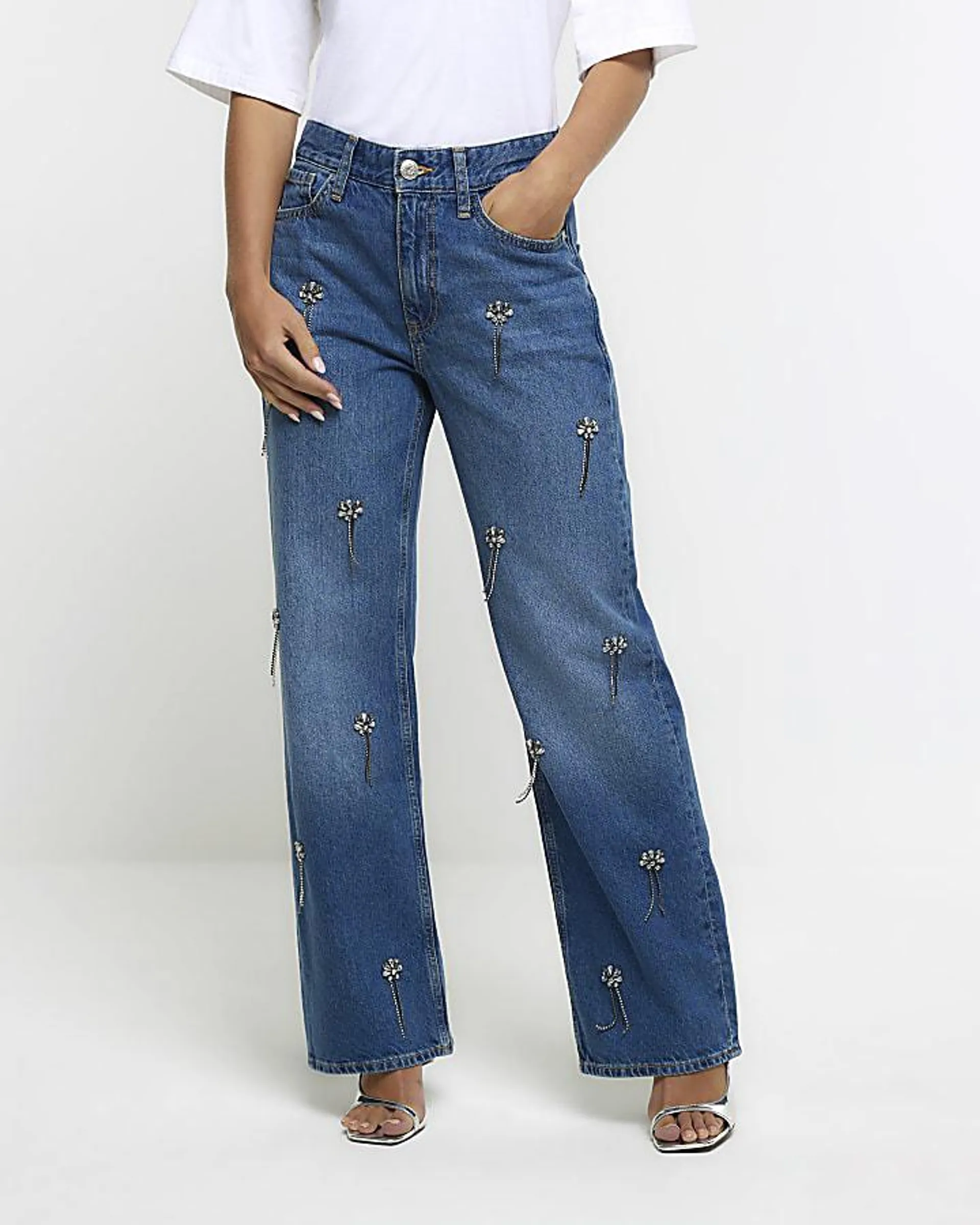 Petite blue embellished straight jeans