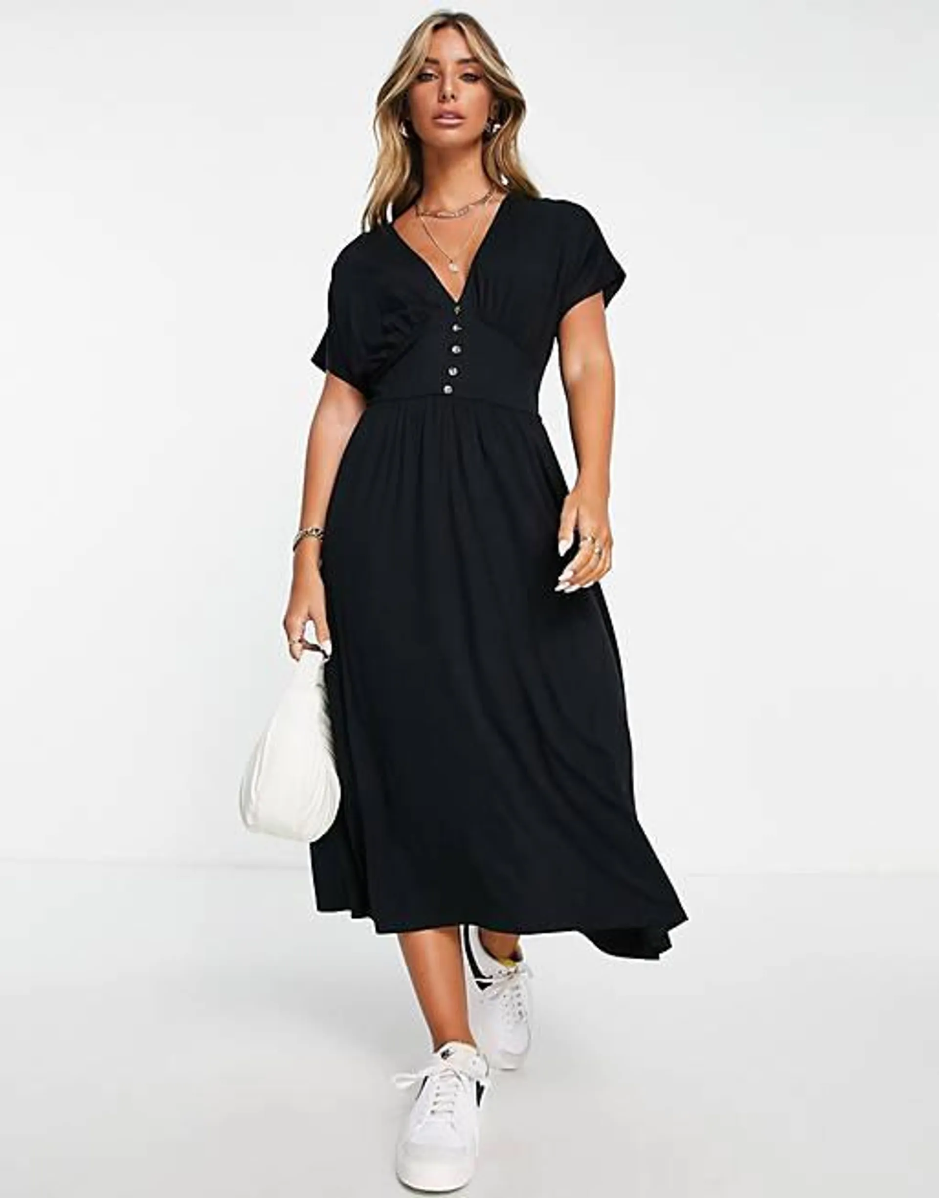 ASOS DESIGN waisted midi tea dress with buttons in black