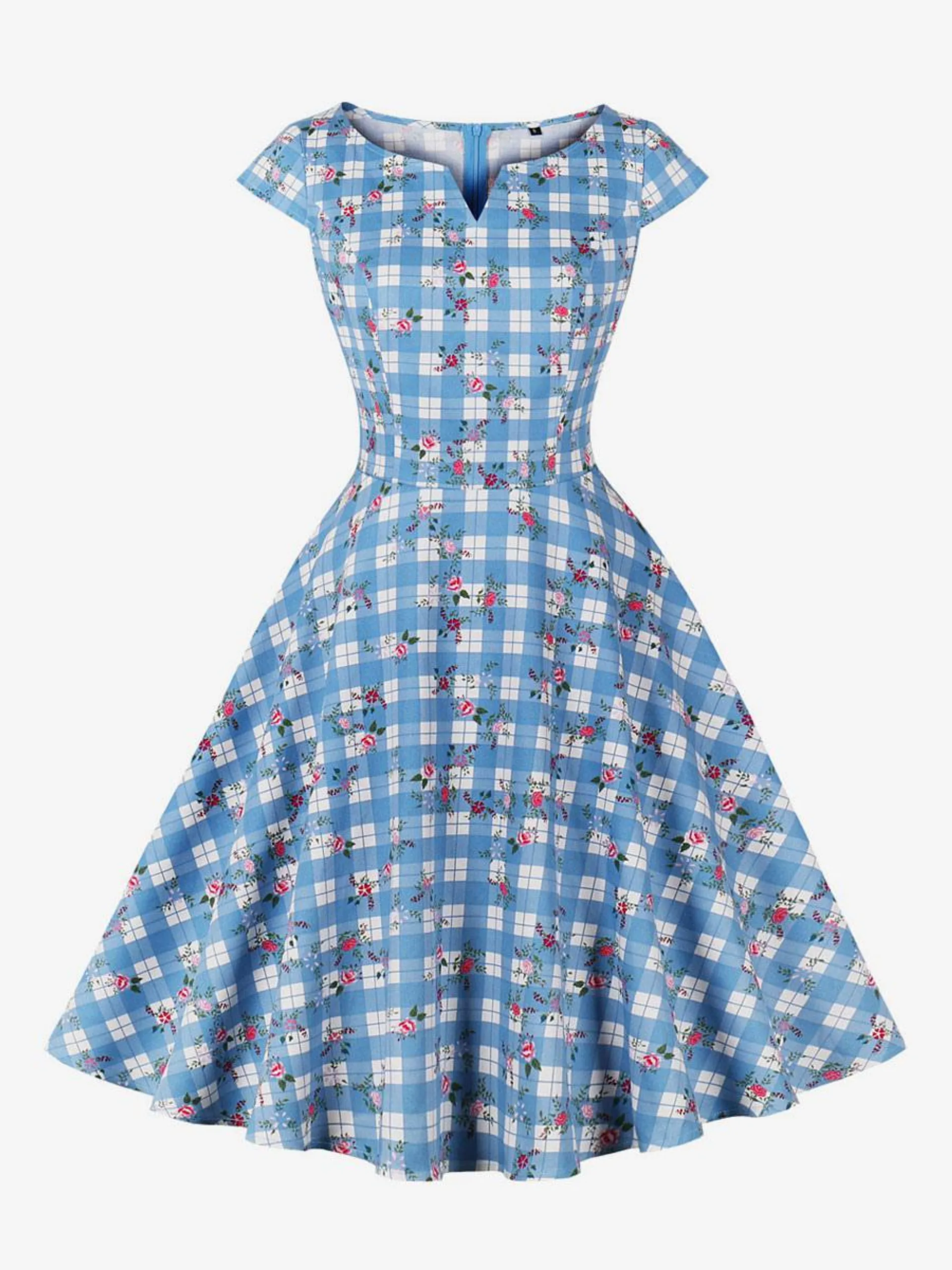 Vintage Dress V-Neck 1950s Audrey Hepburn Style Short Sleeves Floral Print Knee Length Light Sky Blue Swing Dress