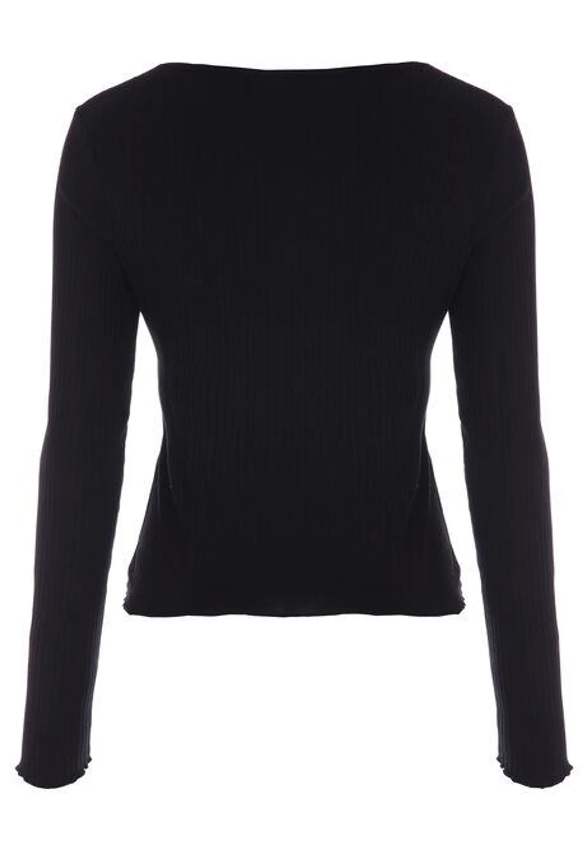 Womens Black Long Sleeve Lettuce Frill Top