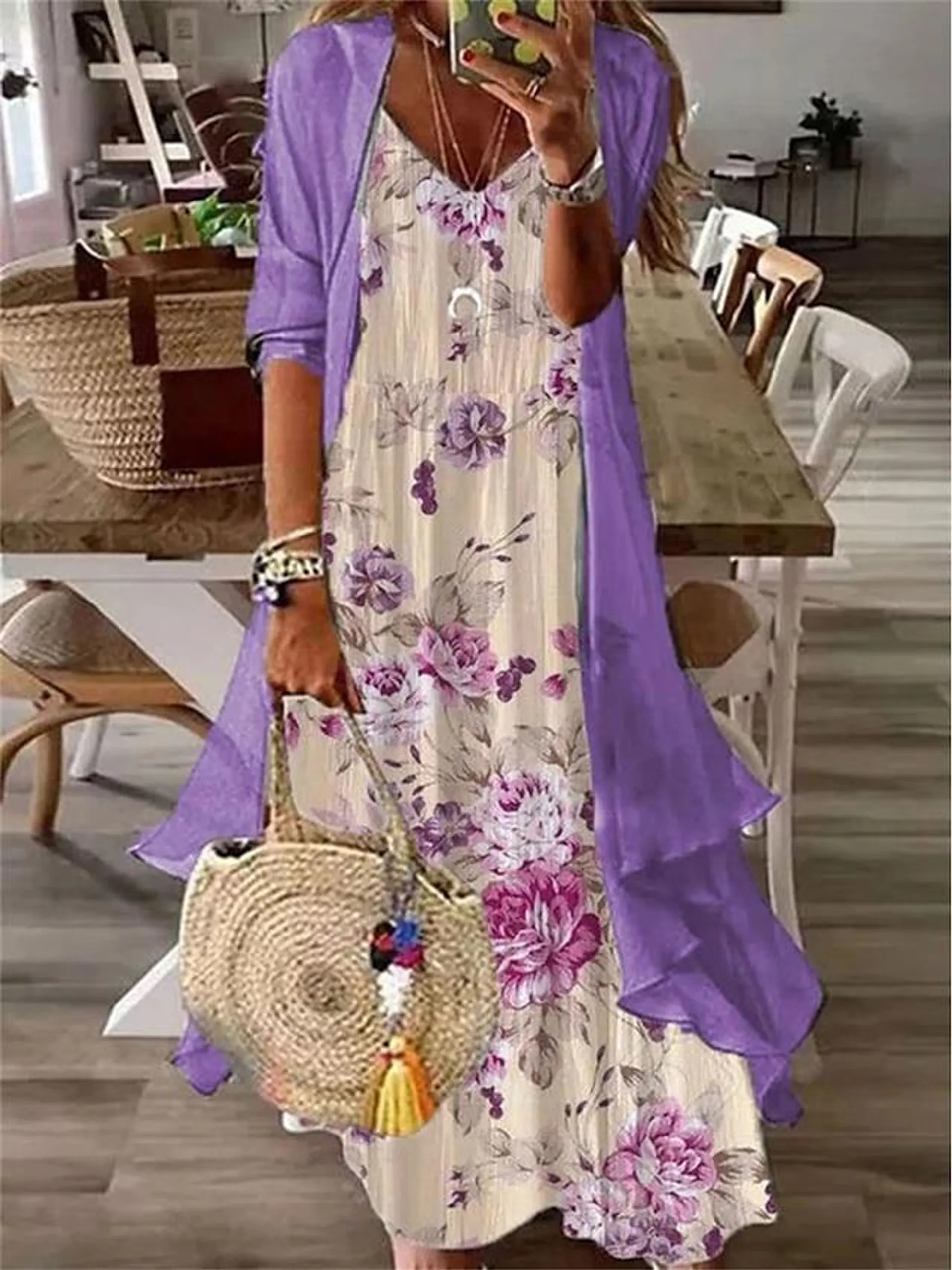 Women's Two Piece Dress Set Print Dress Daily Vacation Casual Print Maxi Dress V Neck 3/4 Length Sleeve Floral Loose Fit White Purple Green Summer Spring S M L XL XXL