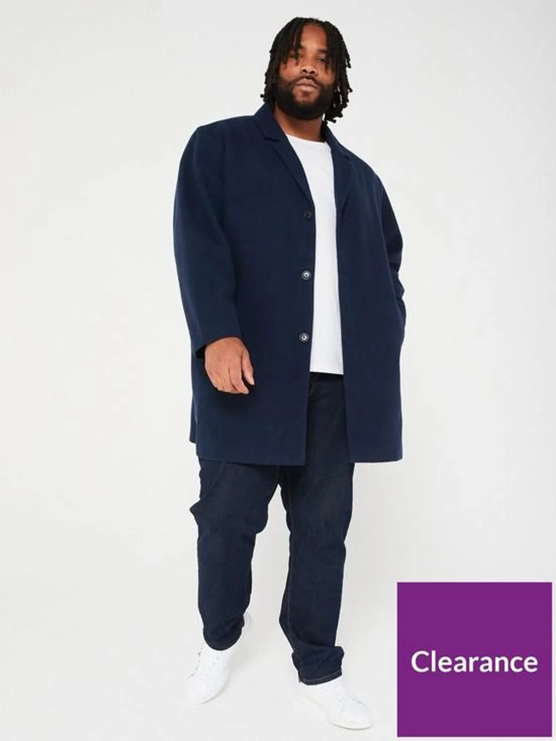 Jack & Jones Plus Zac Wool Blend Overcoat - Navy