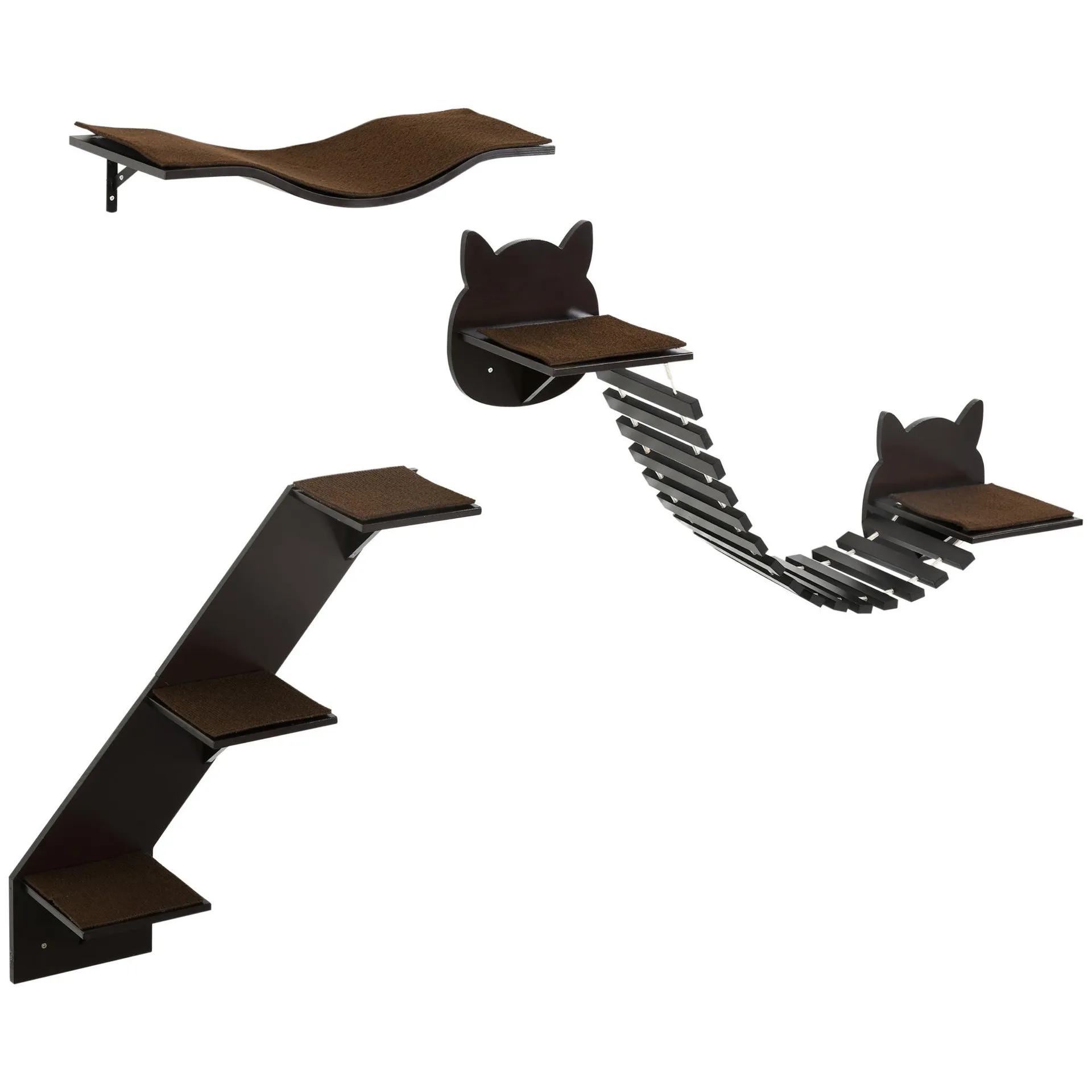 PawHut 3 PCs Wall Mounted Cat Tree Cat Shelves Climbing Shelf Set - Brown