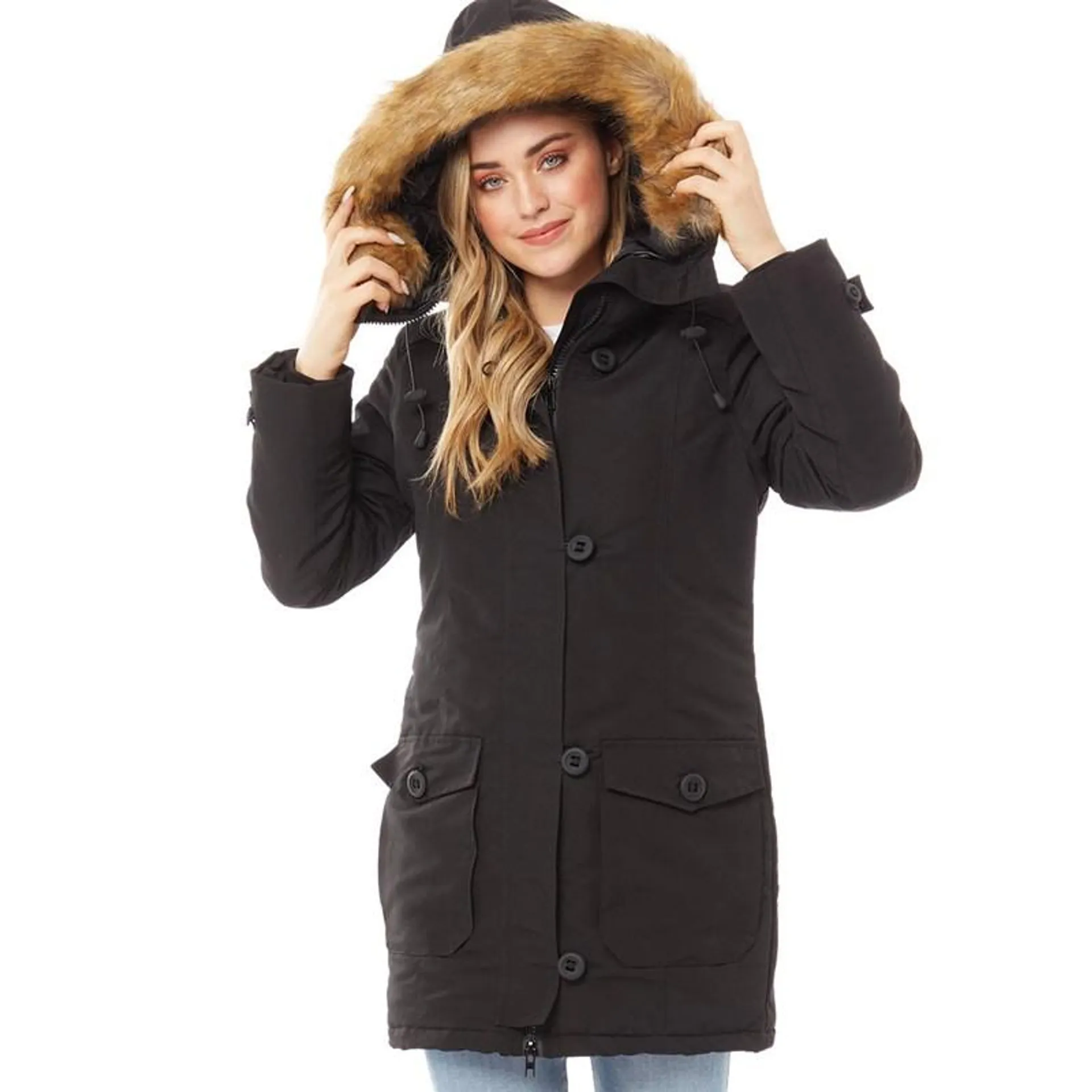 Brave Soul Womens Jacobs Faux Fur Parka Coat Black/​Natural