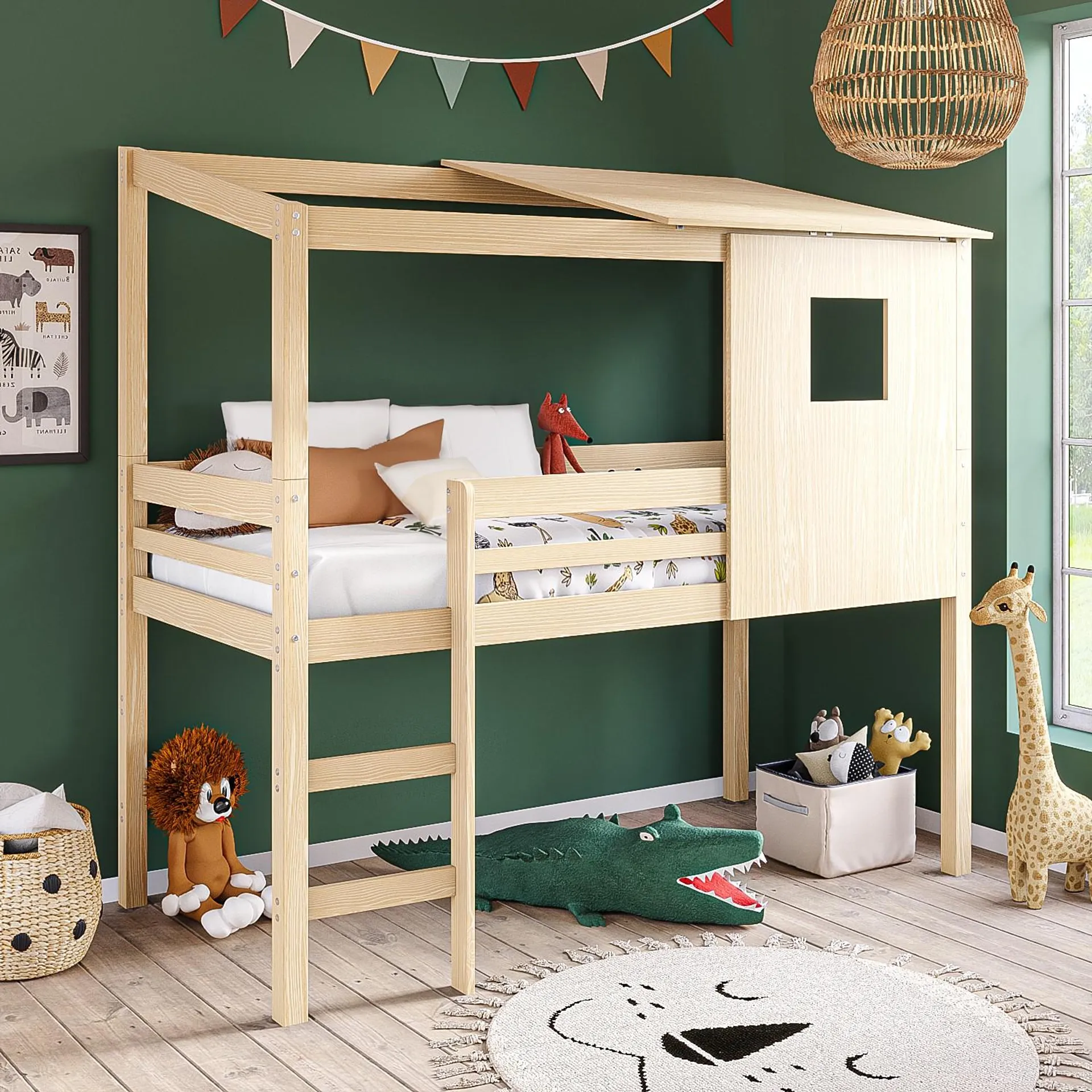 House Mid Sleeper Cabin Bed in Solid Pine - Oakley