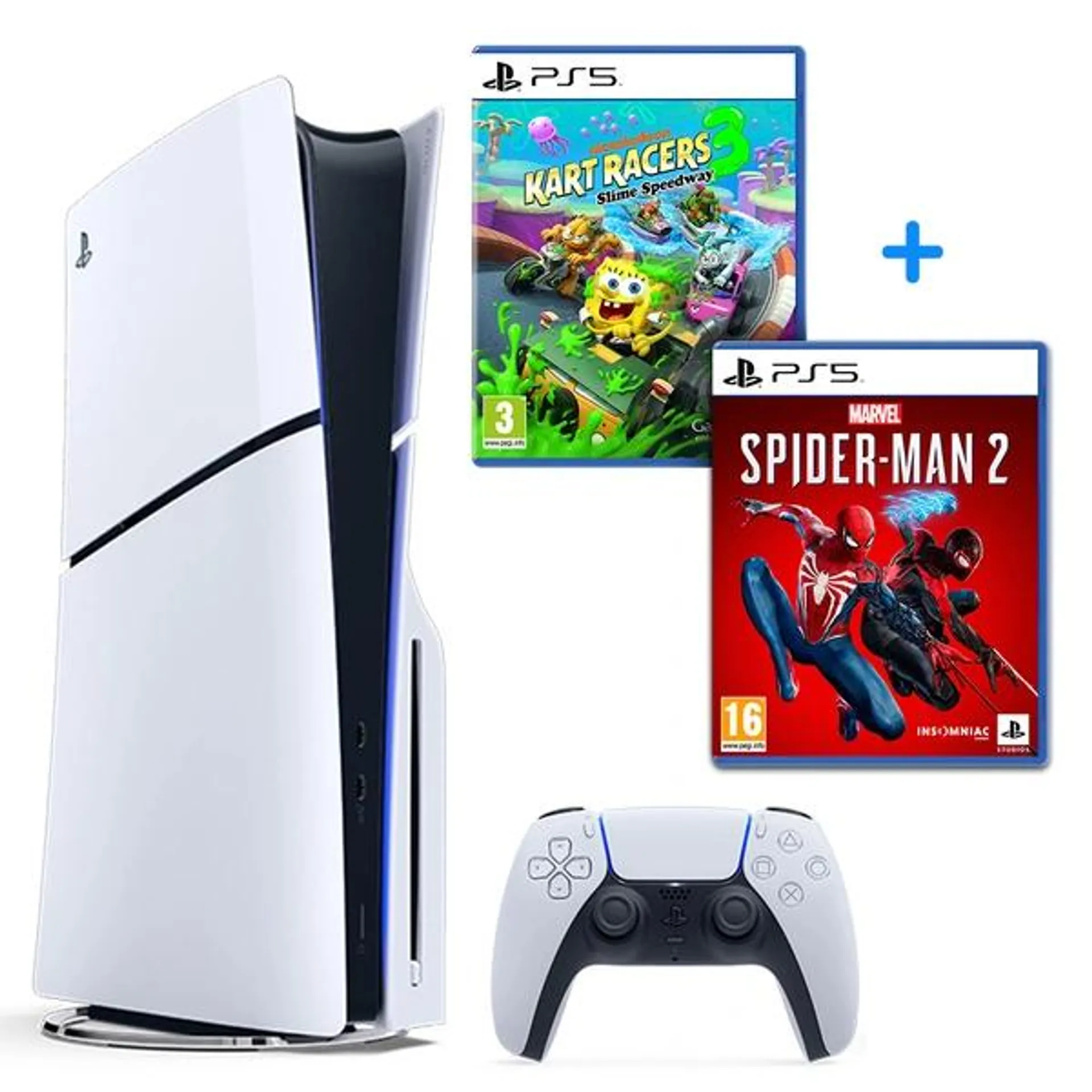 PlayStation 5 Console (Slim), Marvel's Spider-Man 2 & Nick Kart Racing 3