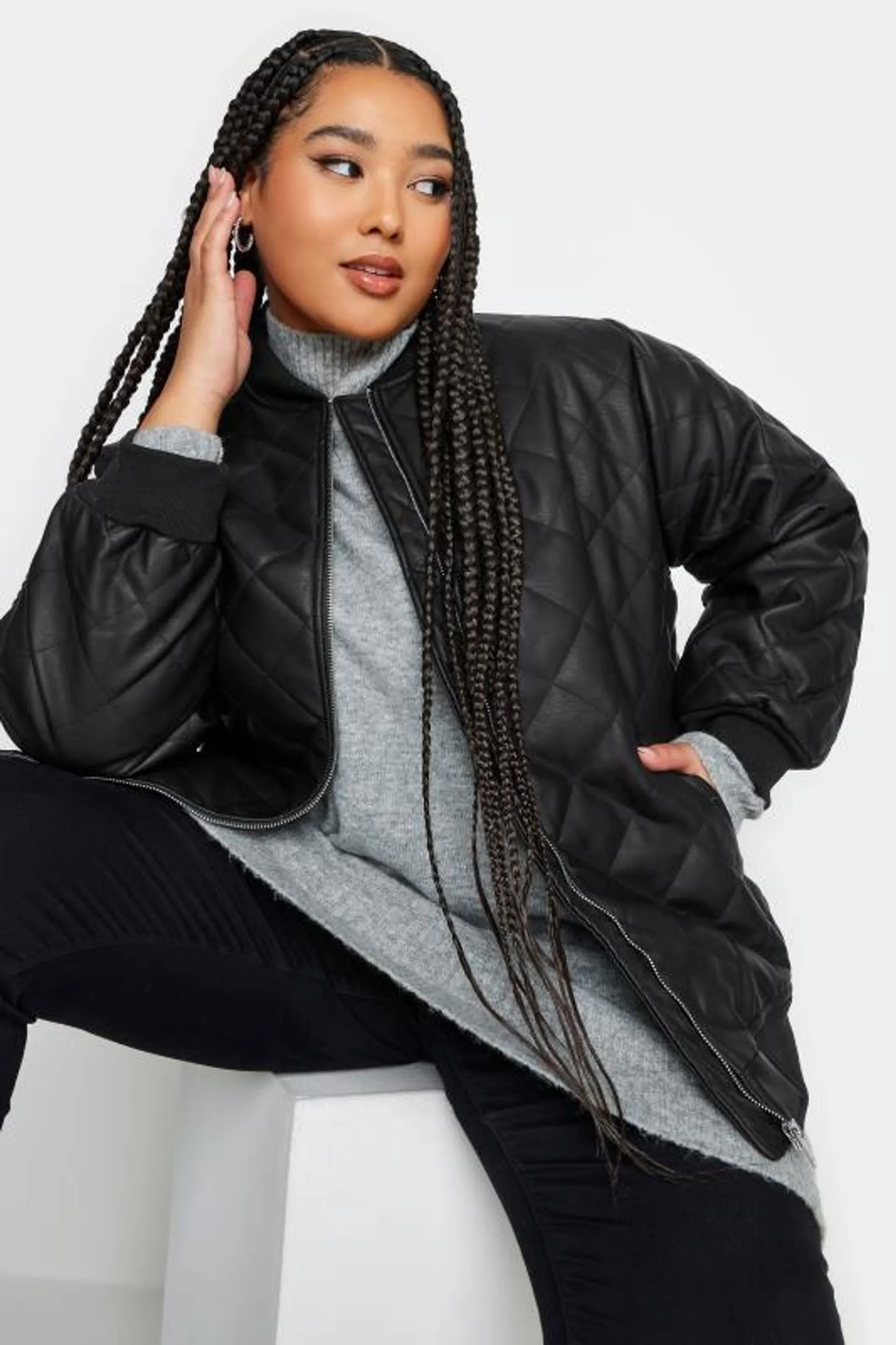 YOURS Curve Black Quilted Faux Leather Bomber Jacket