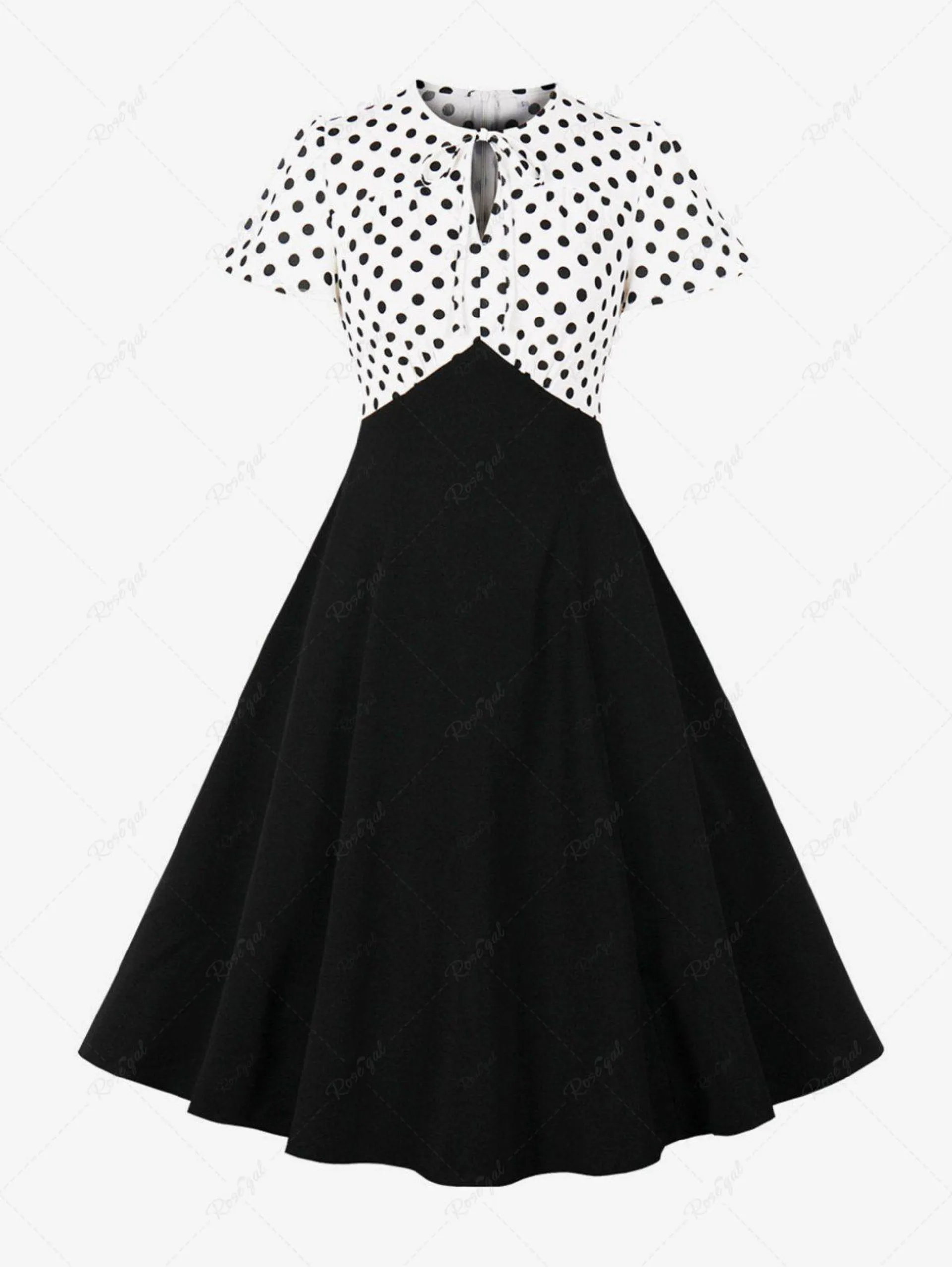 Plus Size Polka Dots Print Back Zipper Tie Keyhole Neck Vintage Dress - 4xl