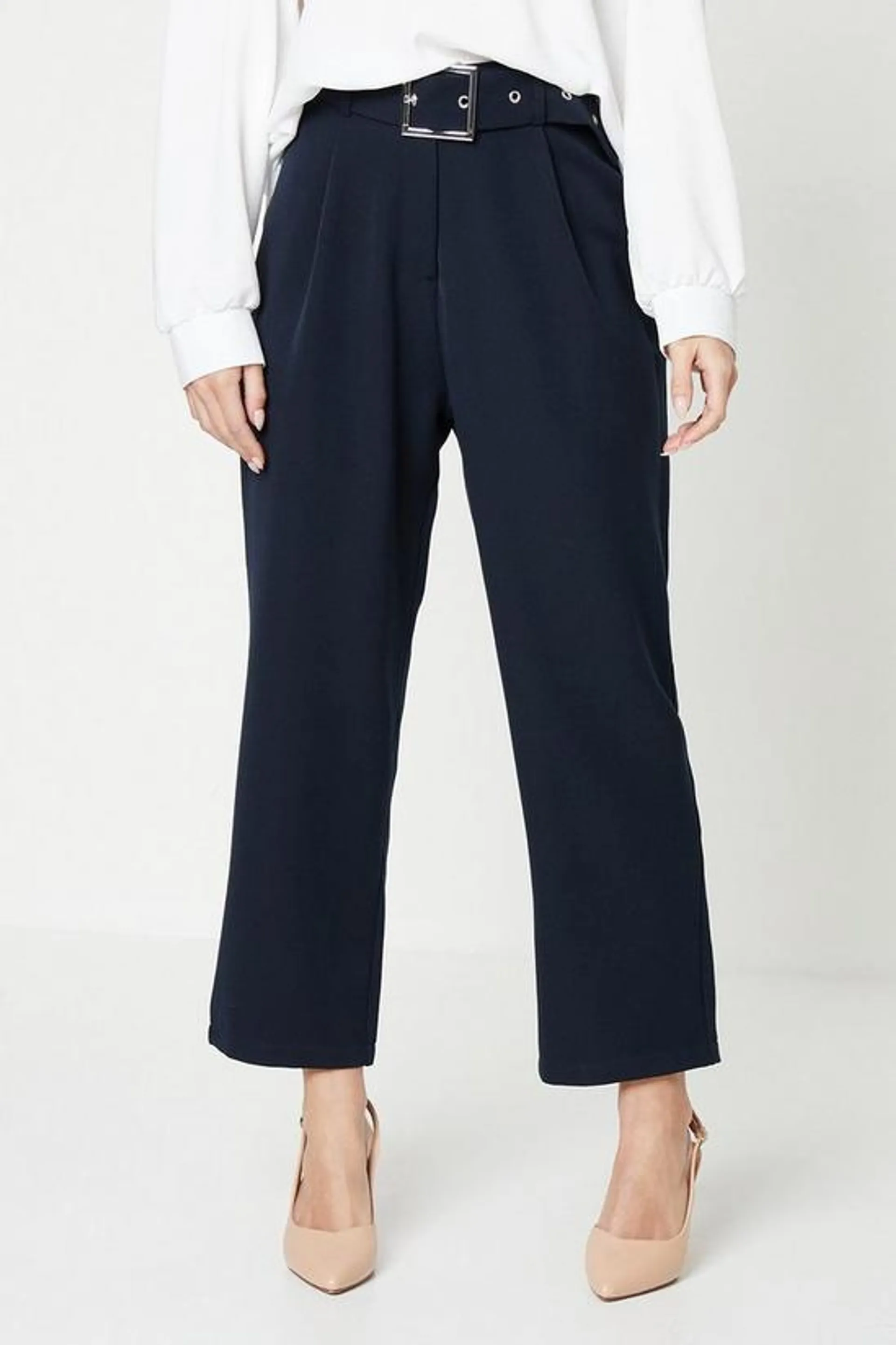 Petite Belted Straight Leg Trouser