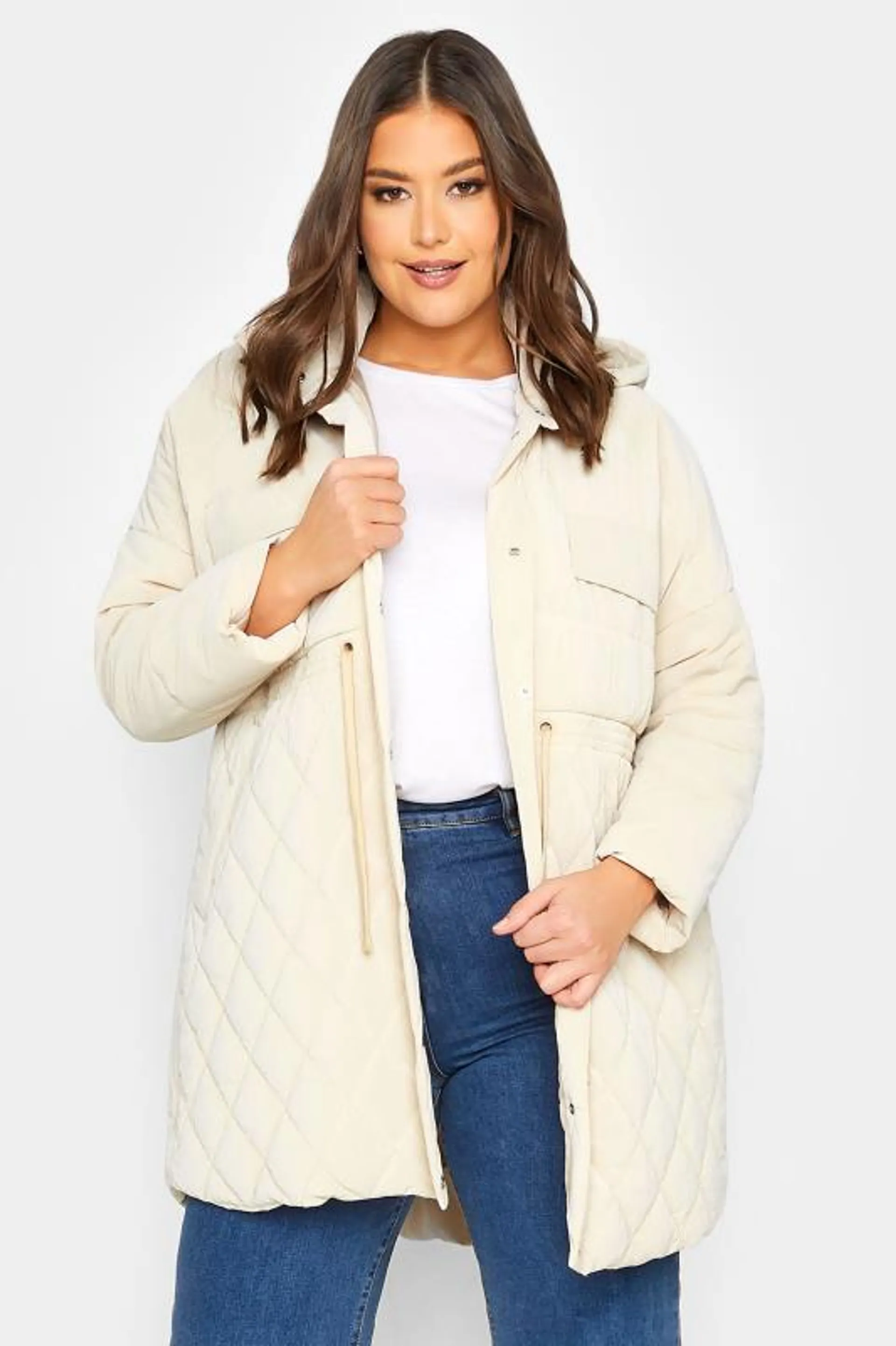 YOURS Curve Cream Shirred Waist Padded Coat