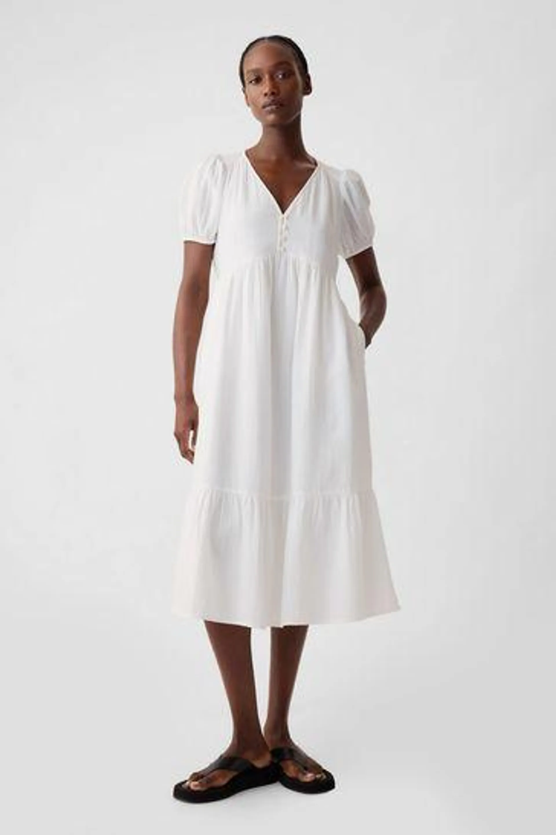 Crinkle Gauze V Neck Midi Dress