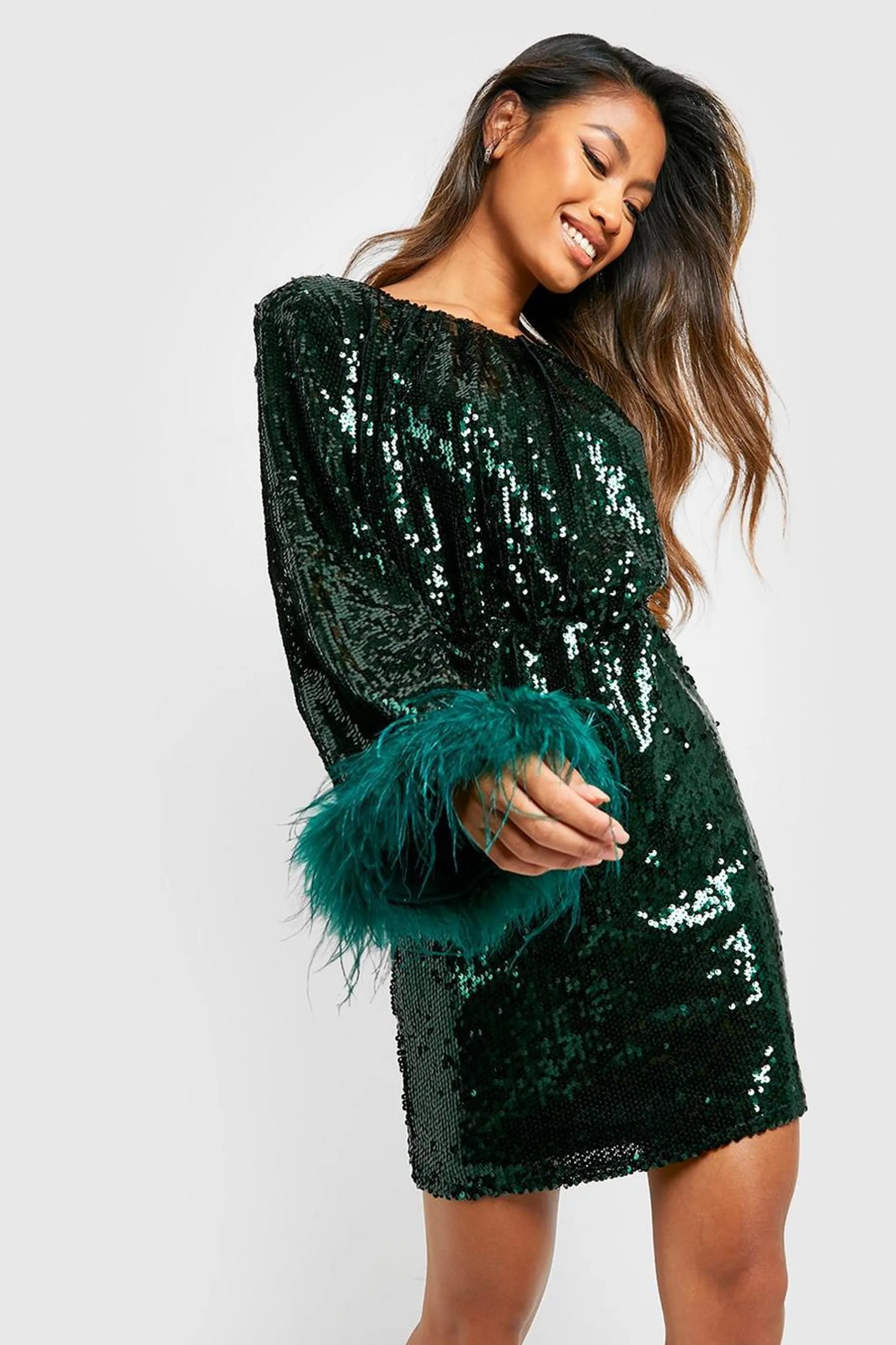 Sequin Feather Cuff Shift Party Dress