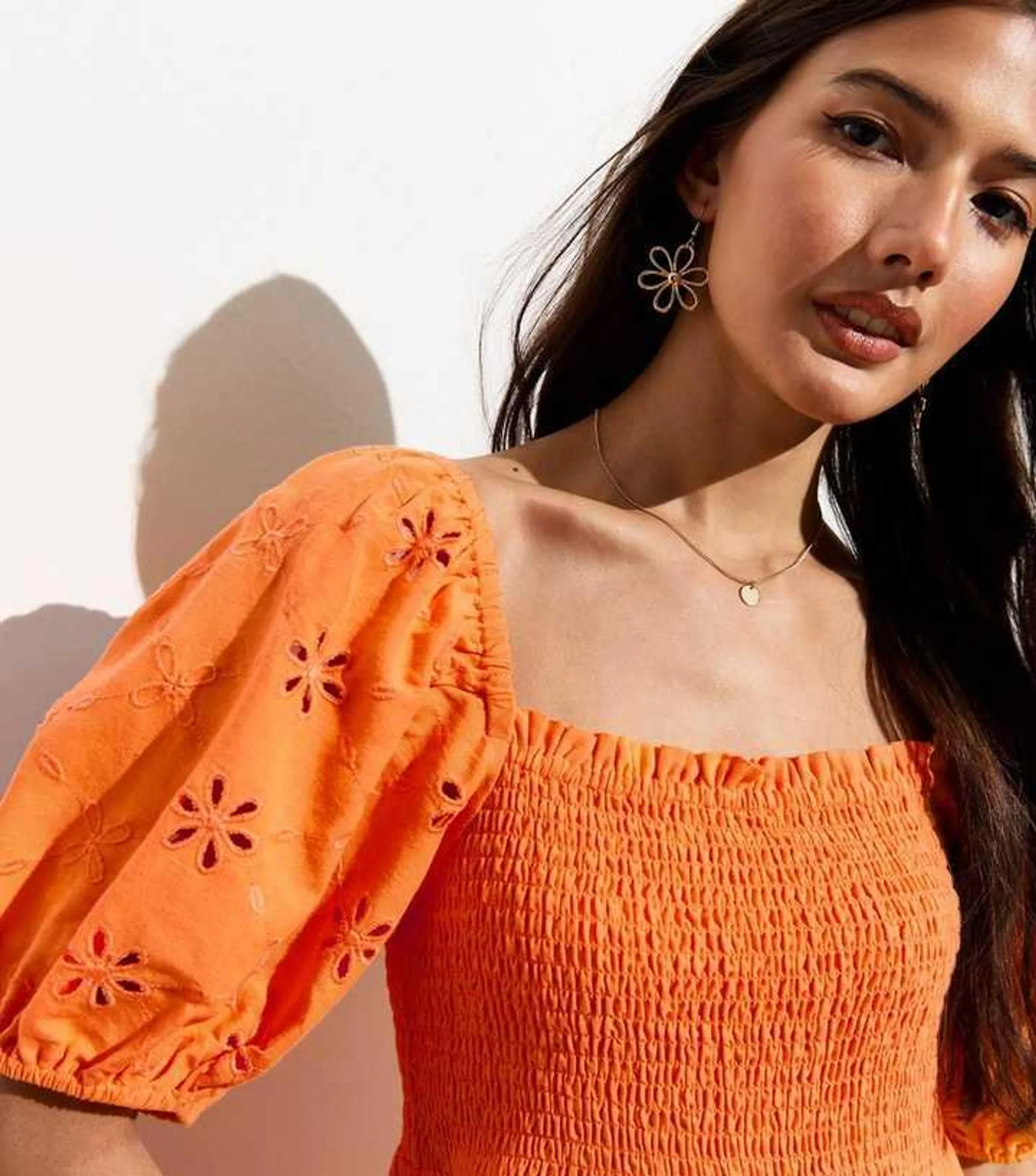 Orange Square Neck Embroidered Puffed Sleeve Midi Dress