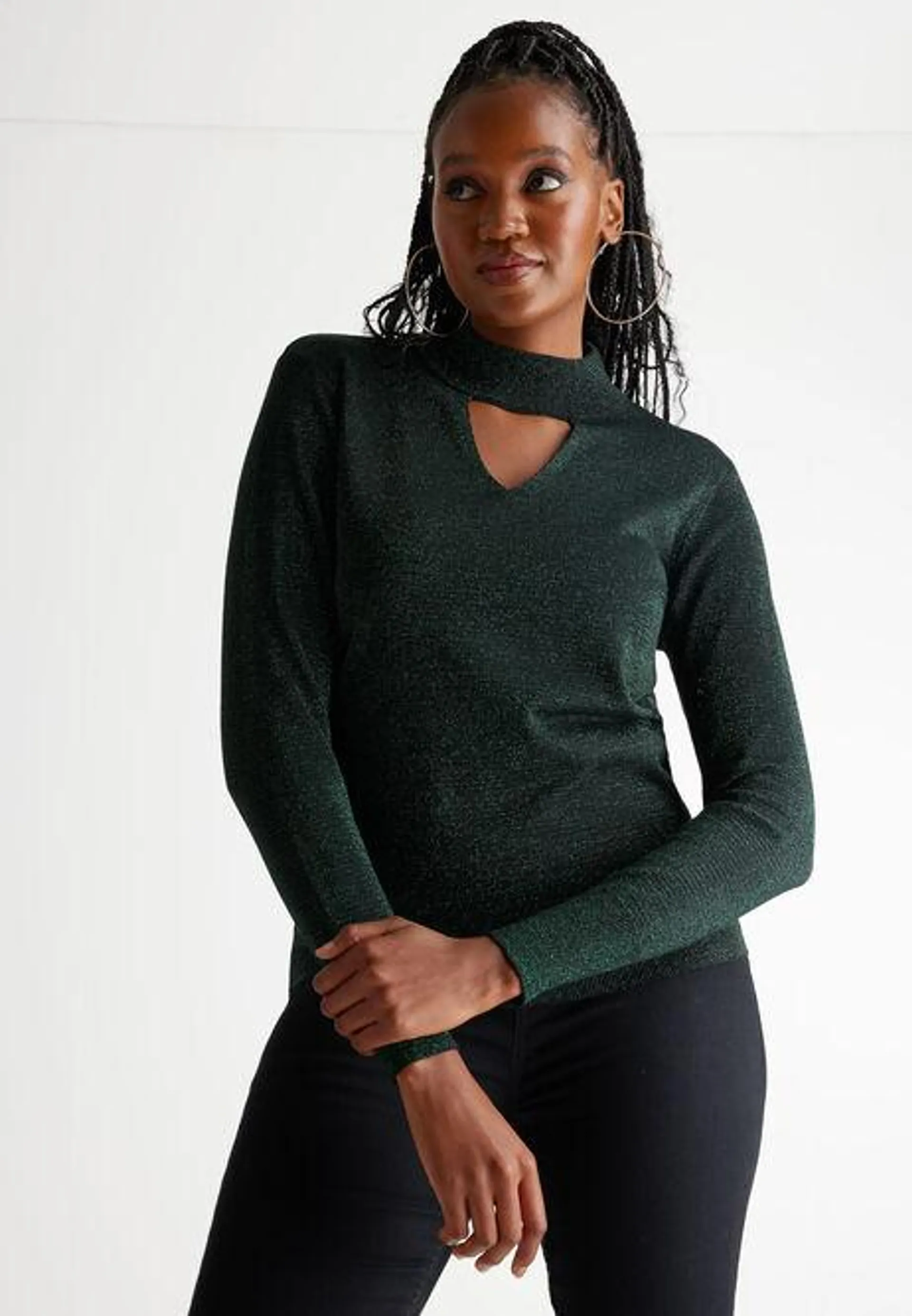 Womens Green Sparkle Cut Out Jumper