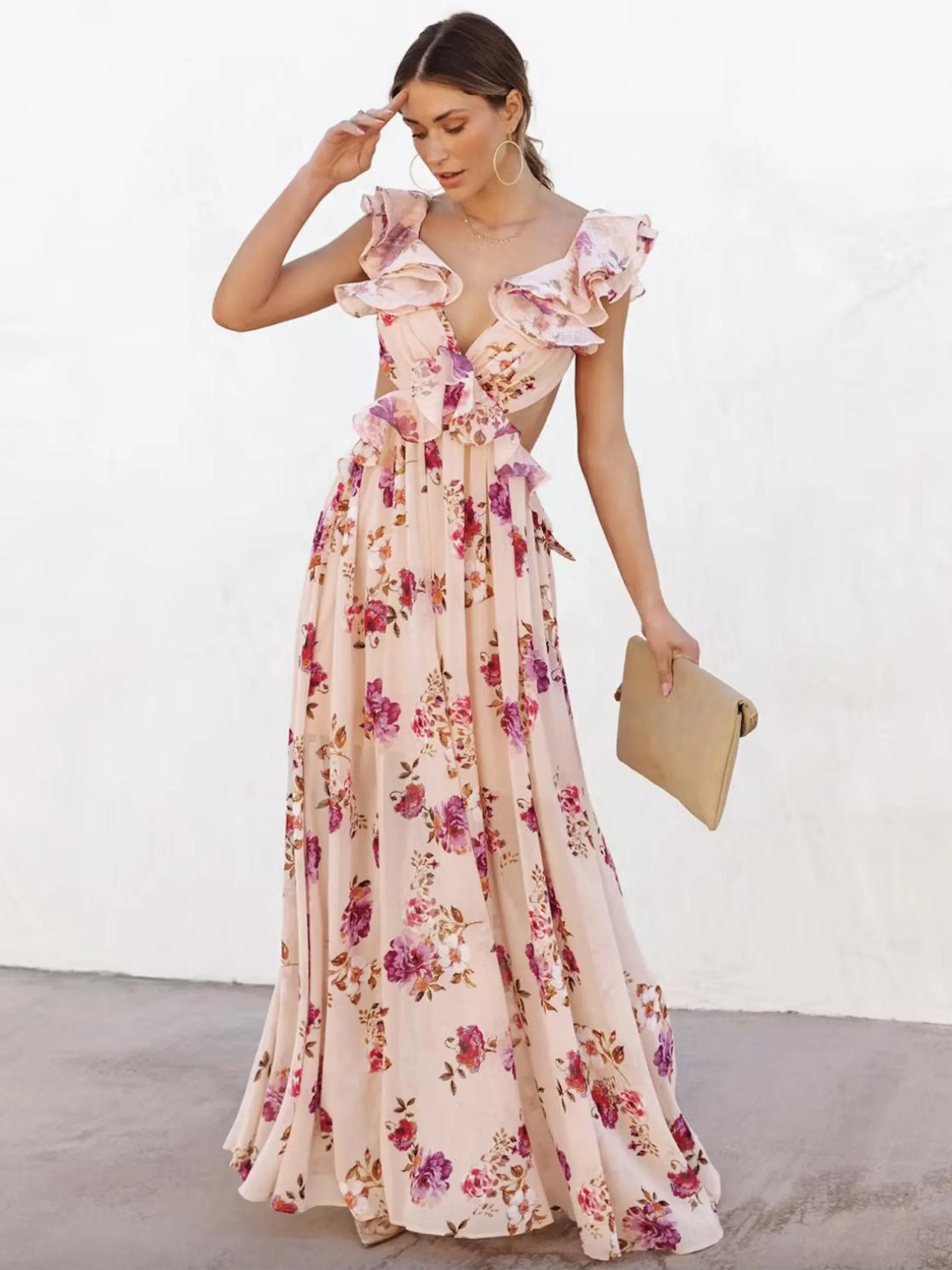 Print Dresses Maxi Dresses Floral Print Sleeveless V-Neck Elegant Knotted Ruffles Backless Long Summer