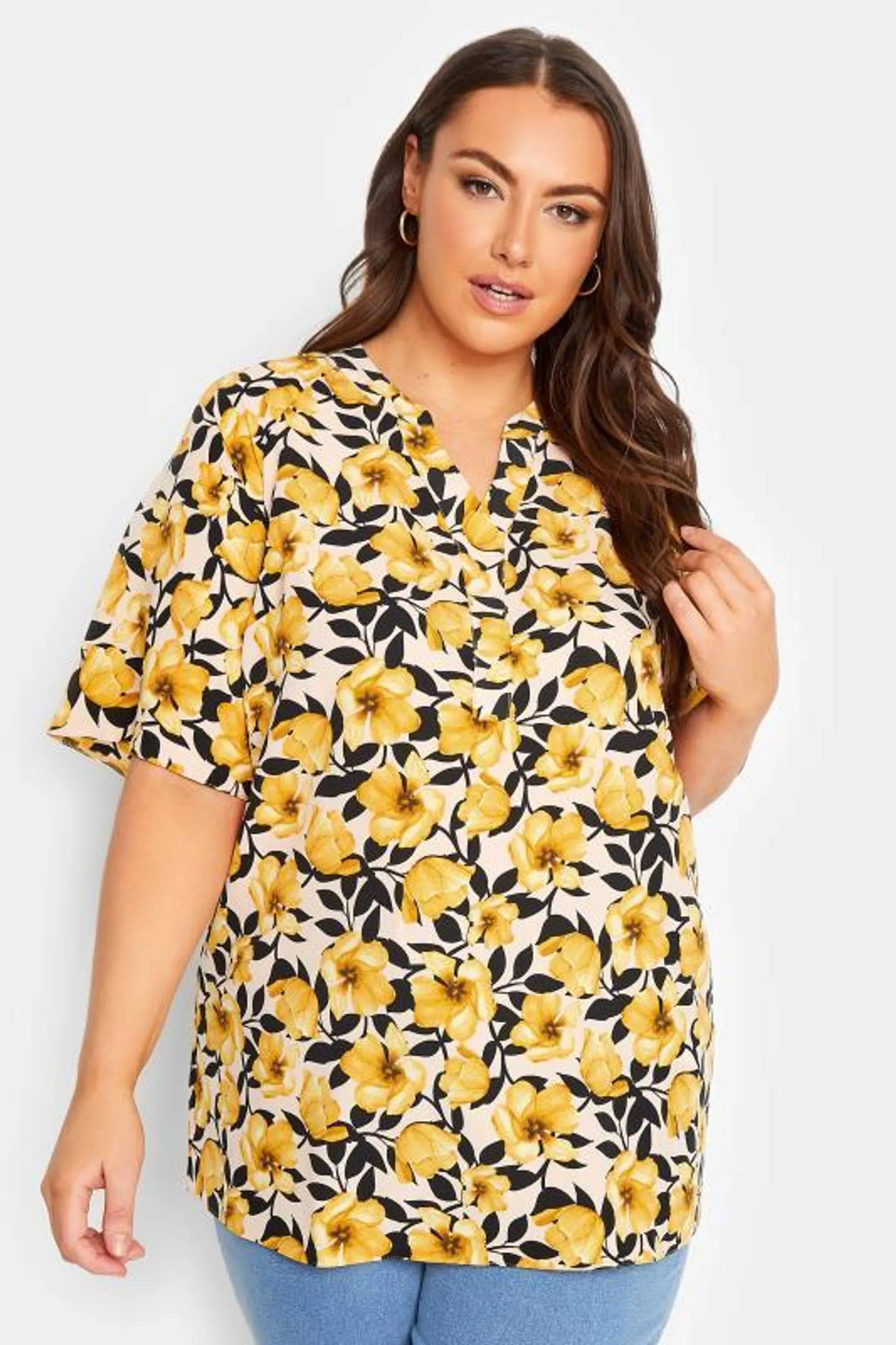 YOURS Curve Yellow Floral Print V-Neck Blouse