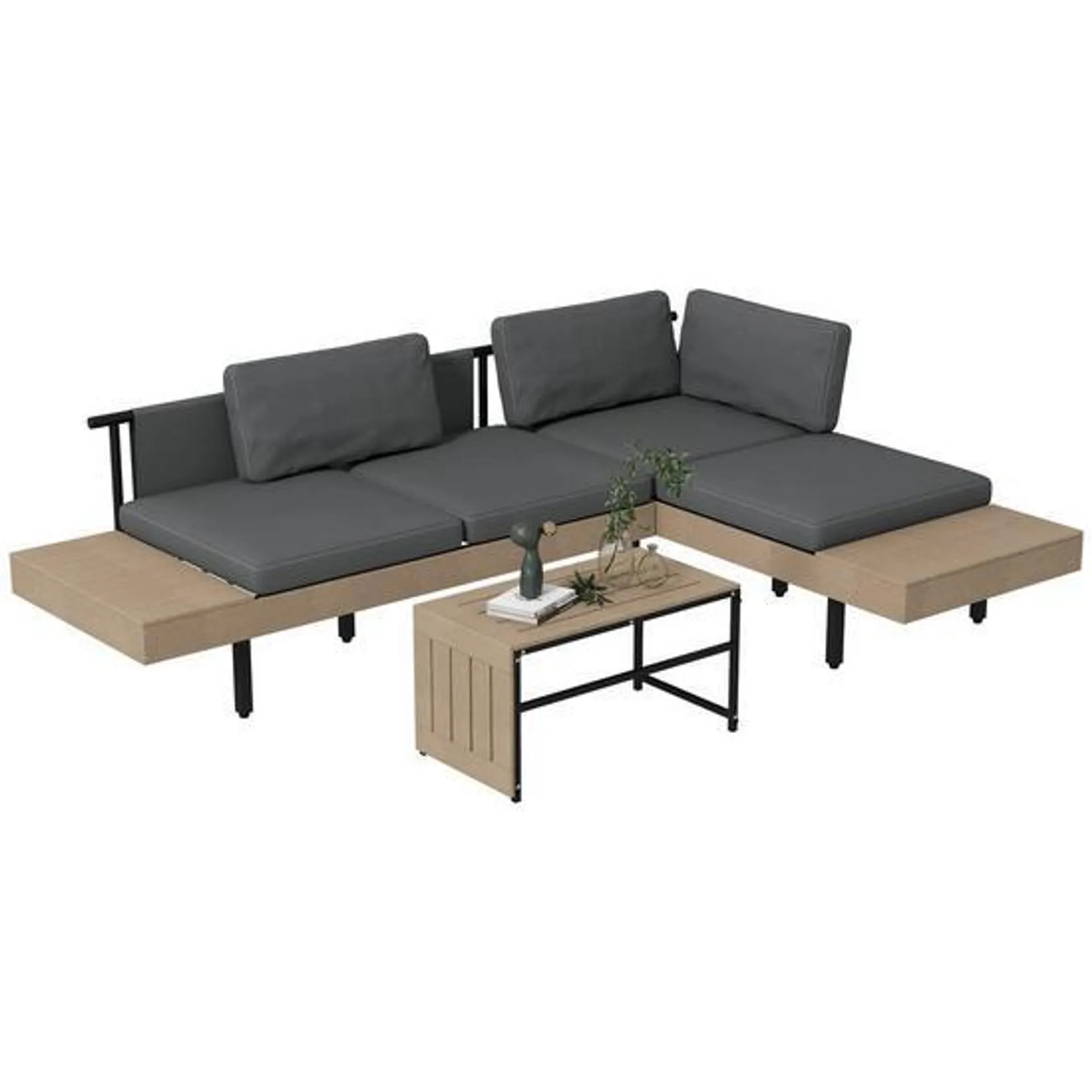 3-Piece L Shape Garden Sofa Set with HDPE Table, Cushions, for Poolside