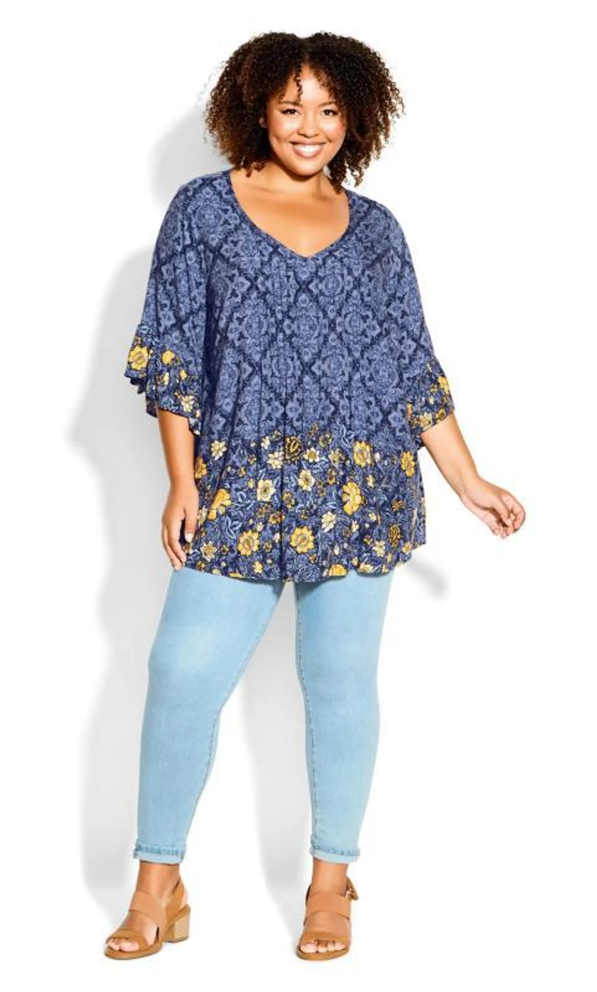 Avenue Blue & Yellow Floral Border Print Hanky Hem Top