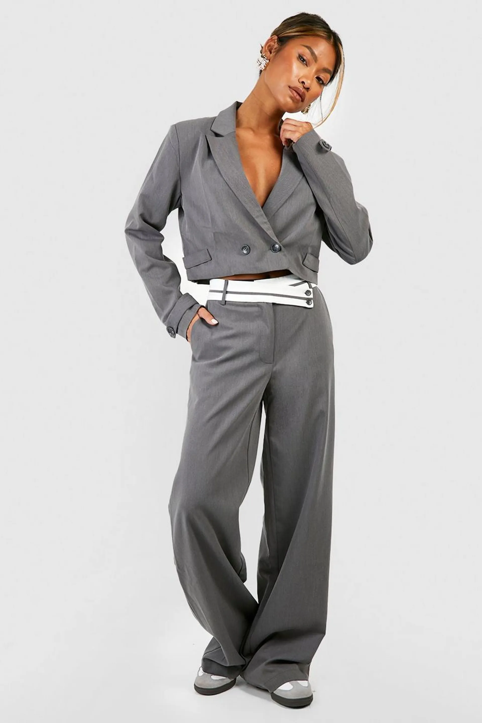 Marl Contrast Waistband Wide Leg Tailored Trousers