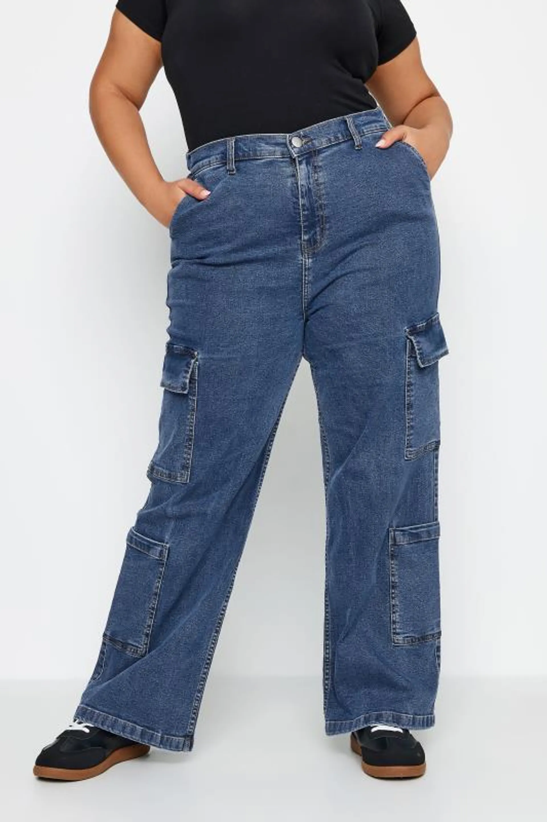 LIMITED COLLECTION Curve Blue Mid Wash Wide Leg Cargo Jeans