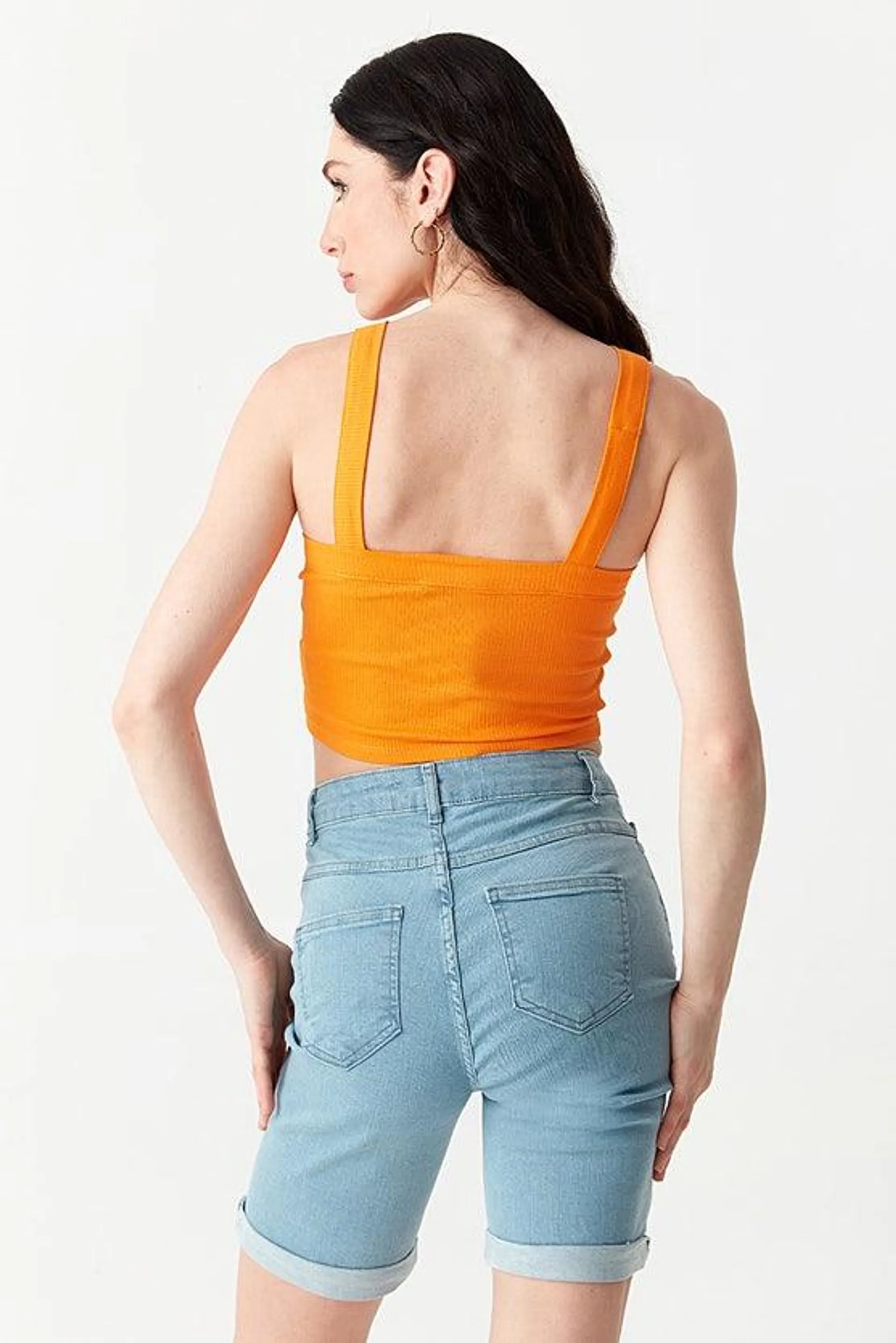 Tangerine Wide Strap Diamond Halter Neck Top