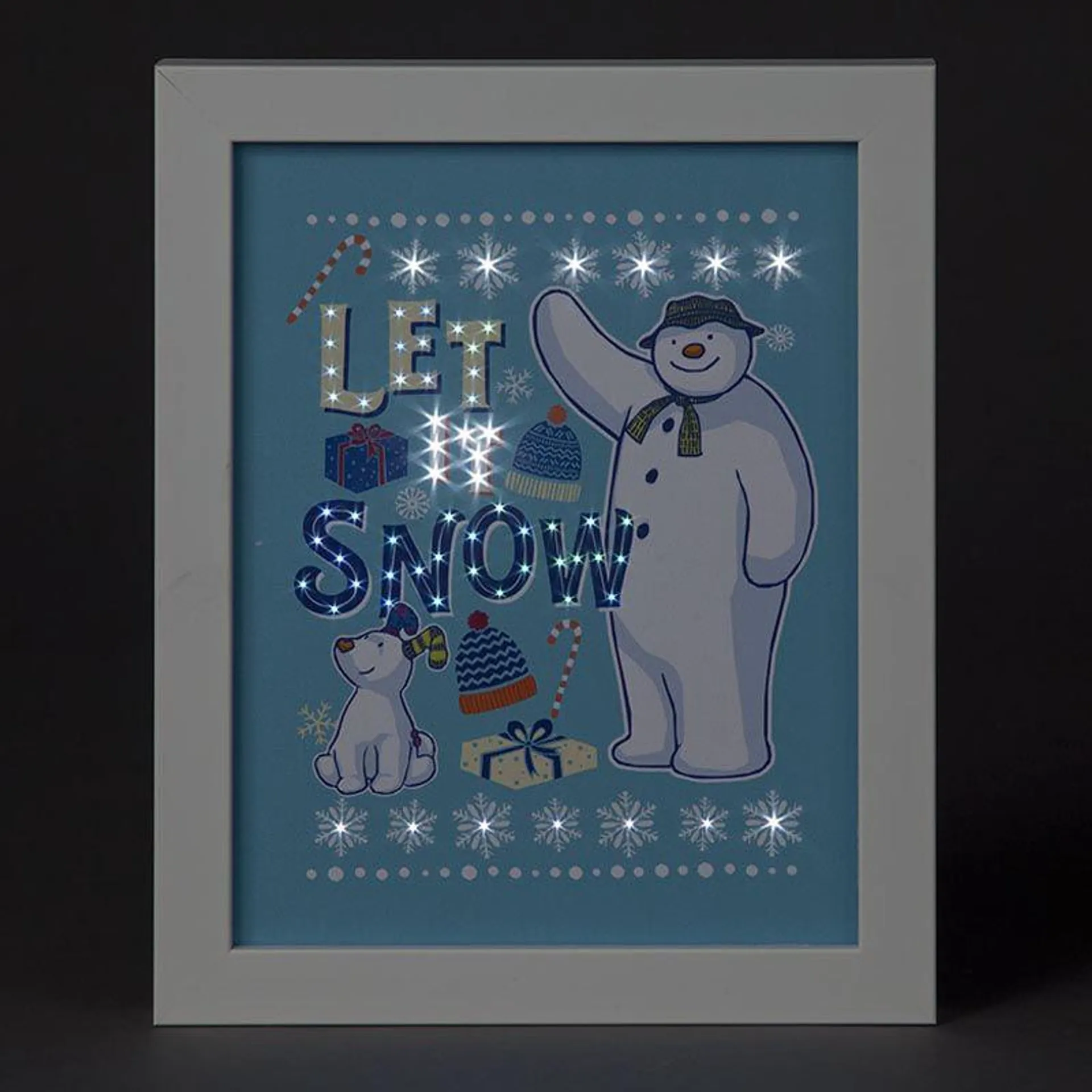 Fibre Optic 'Let It Snow' Snowman and Snowdog Framed Canvas 20x25cm