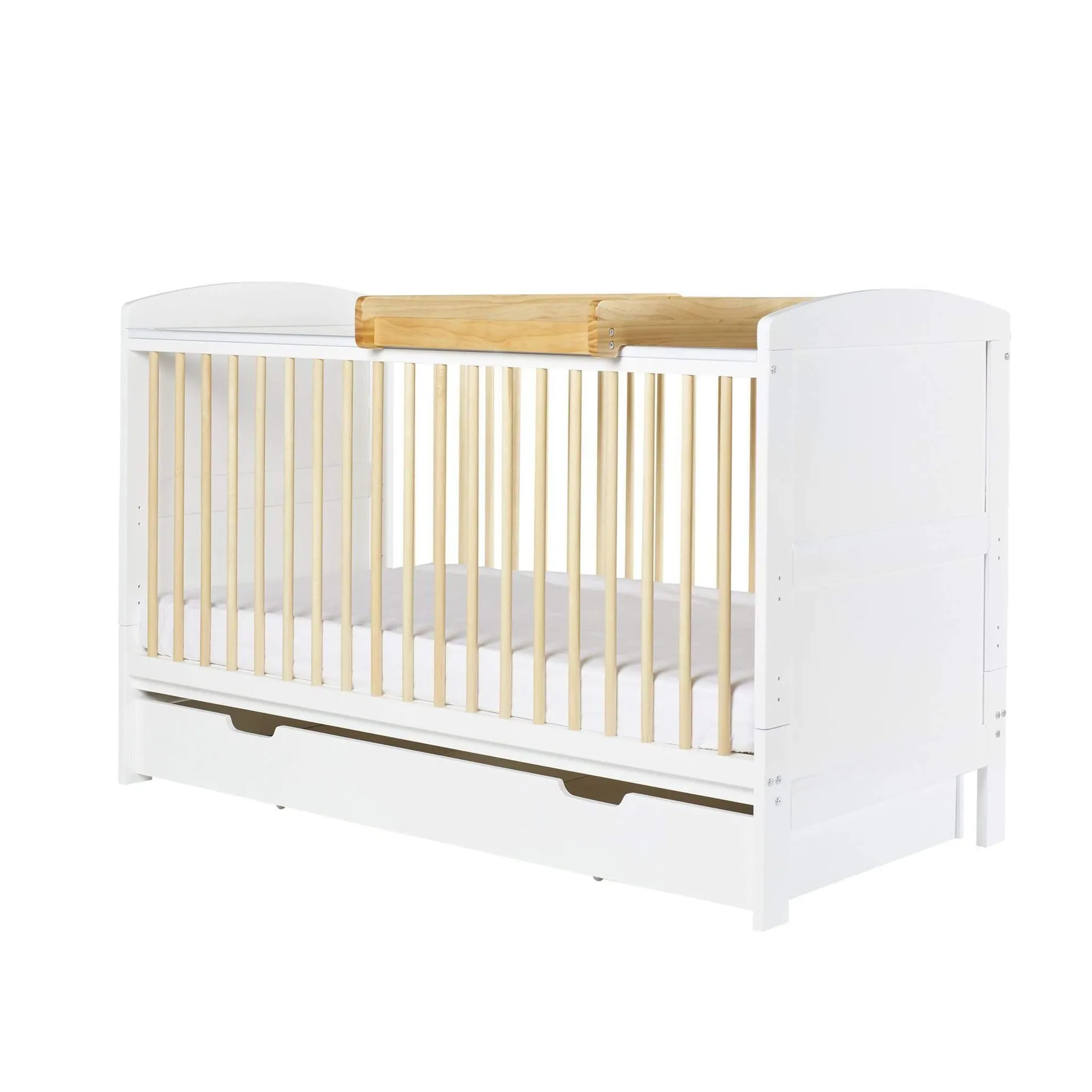 Ickle Bubba Coleby Classic Cot Bed with Drawer and Pine Cot Top Changer Scandi White