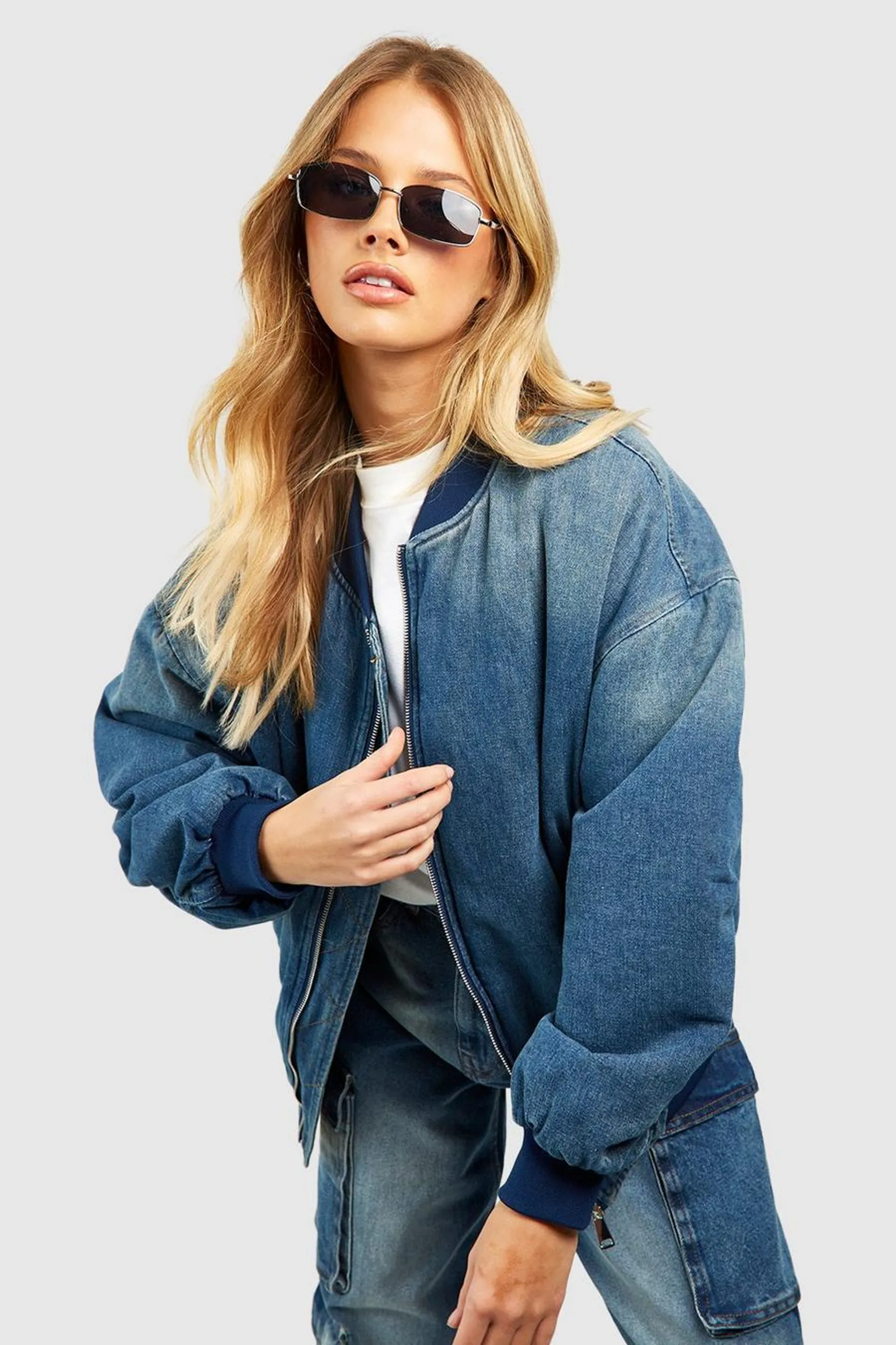 Ruched Sleeve Oversized Denim Bomber Jacket