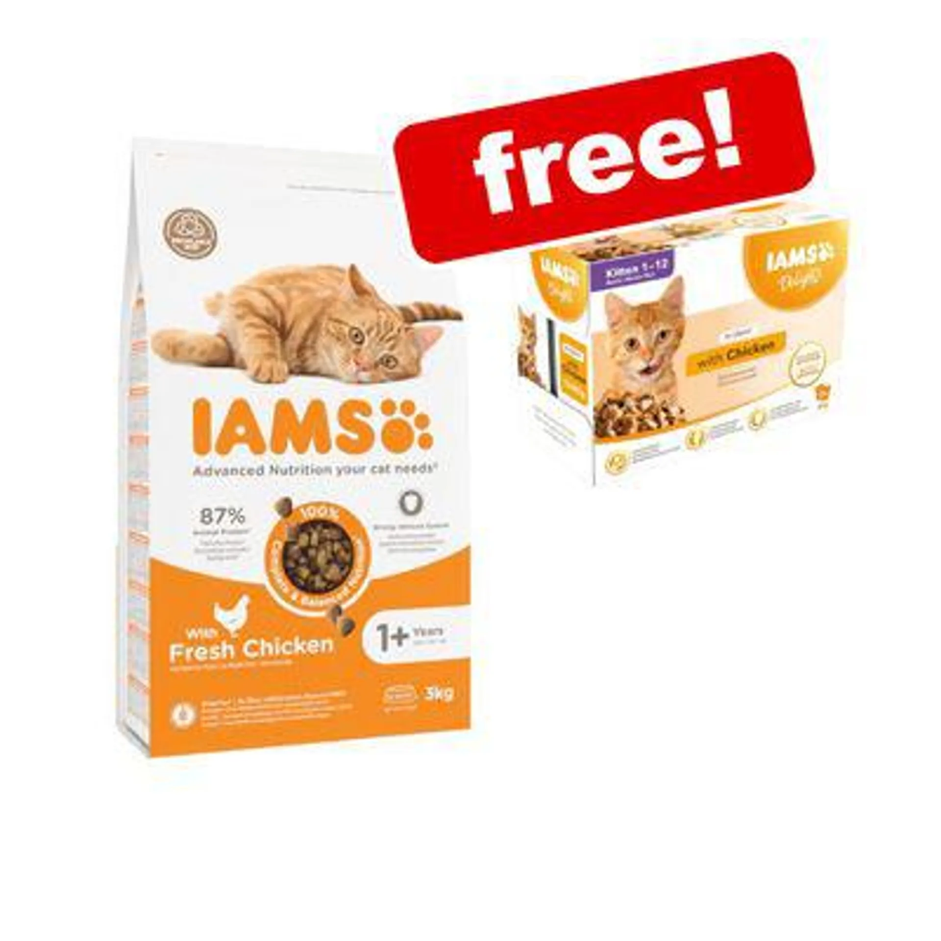2 x 3kg IAMS Dry Kitten Food + 12 x 85g IAMS Delights Wet Food Free! *