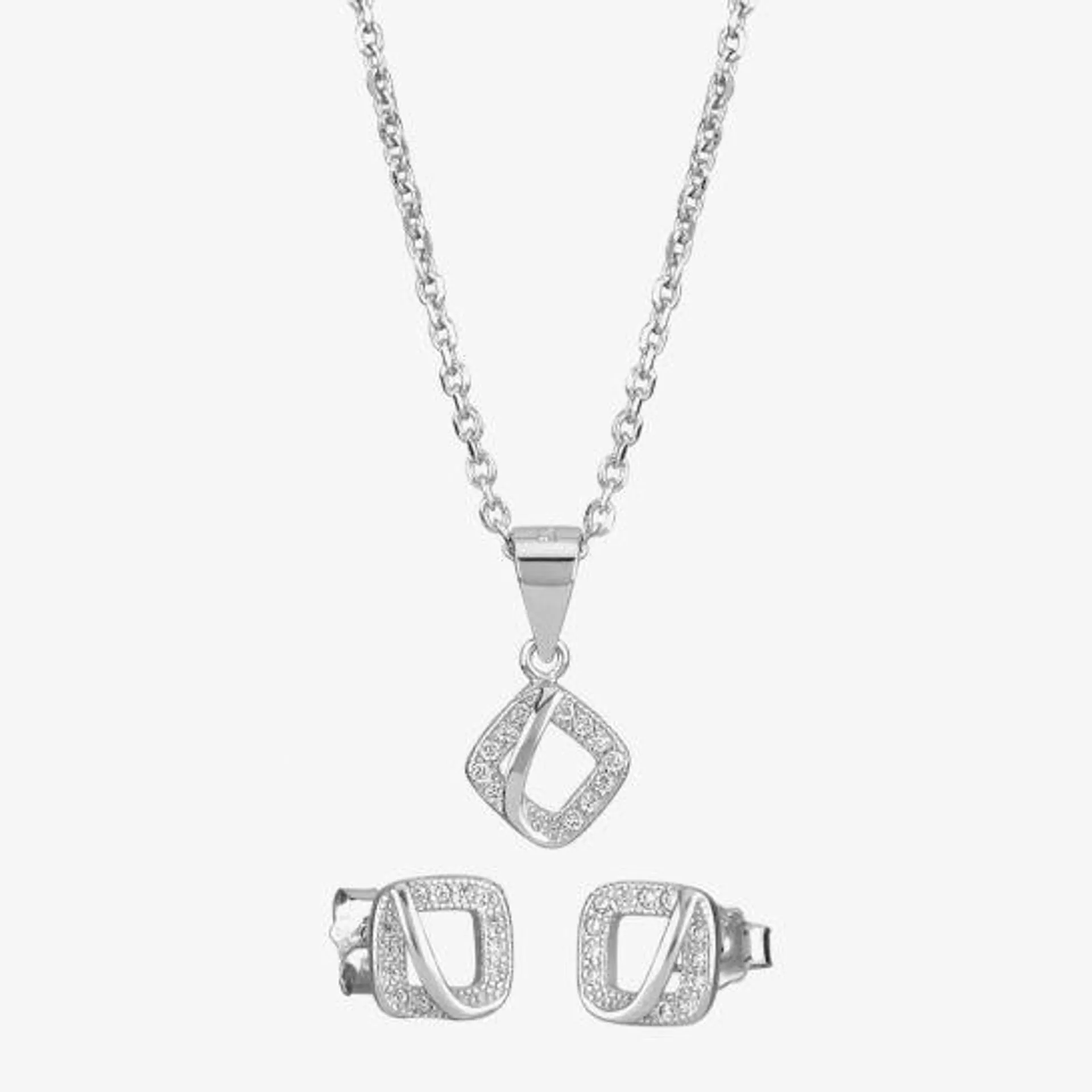 Silver Cubic Zirconia Open Square Pendant and Earring Set