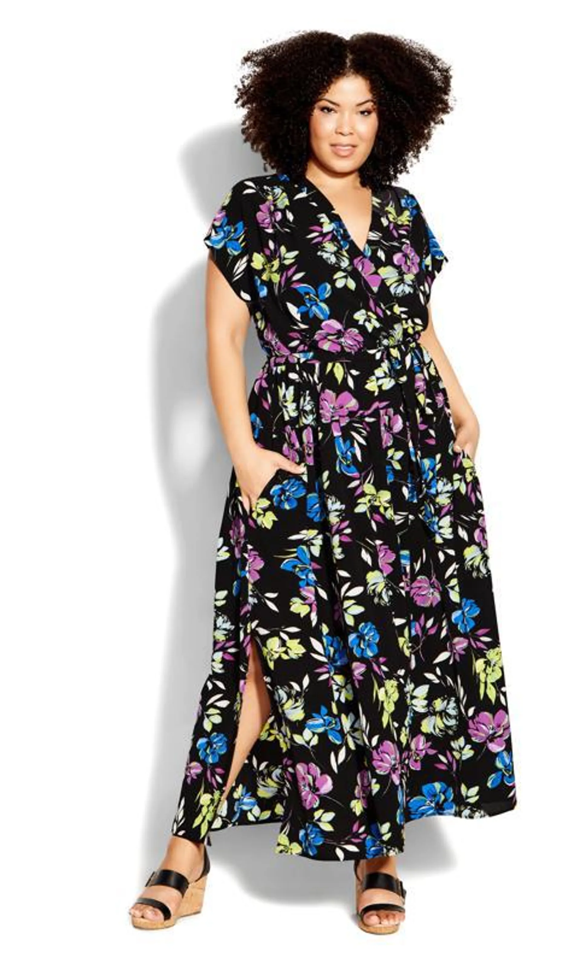 City Chic Black & Bright Floral Wrap Maxi Dress