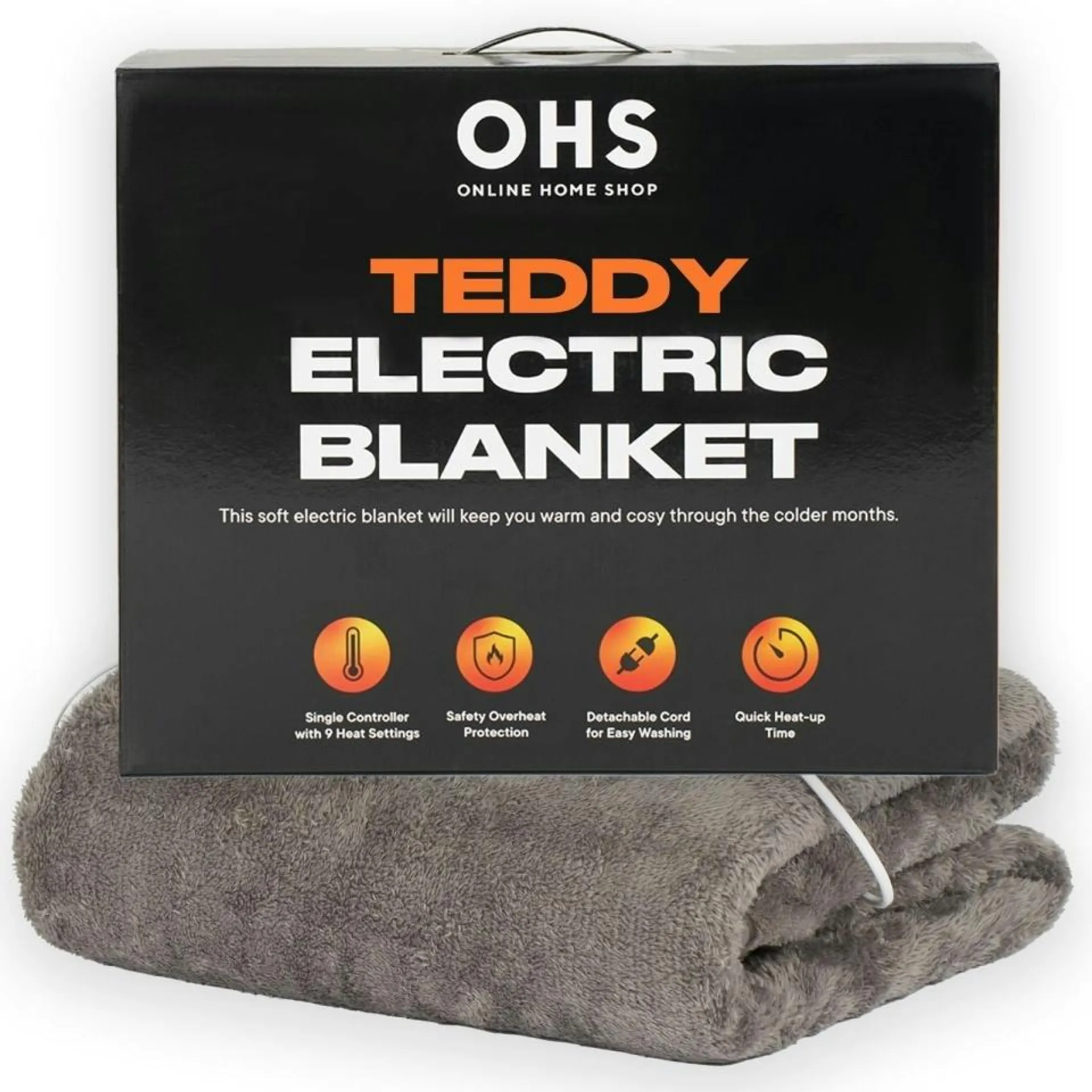 OHS Teddy Fleece Heated Blanket Electric Heat Control 9 Settings, 130x160cm - Charcoal