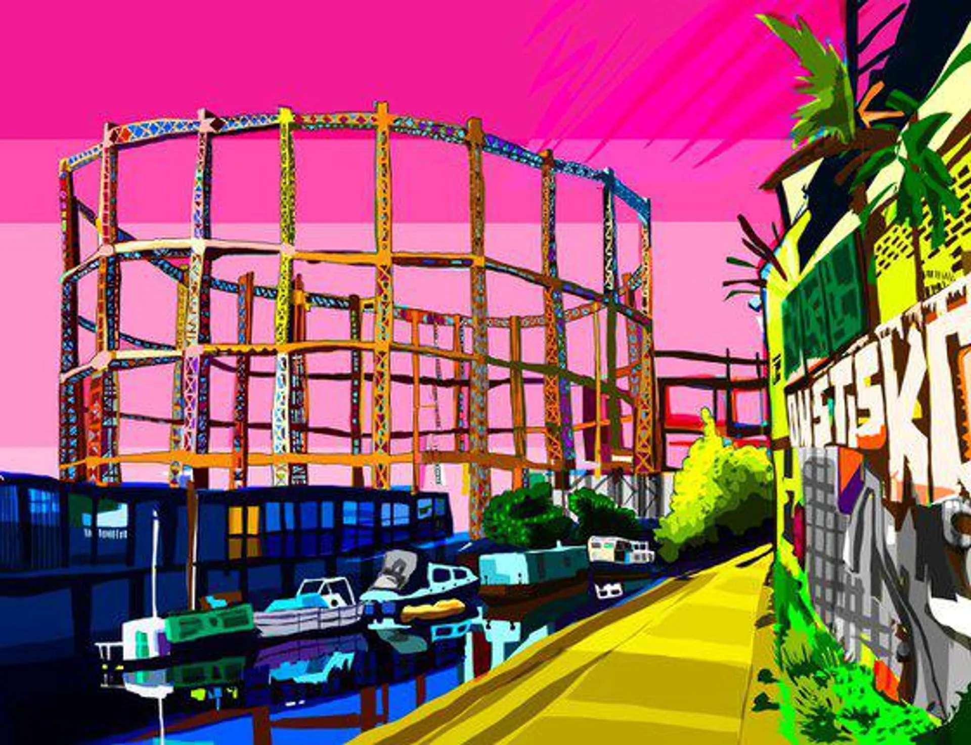 A3 Bethnal Green Gas Holders (Pink), East London Illustration Print (2017)