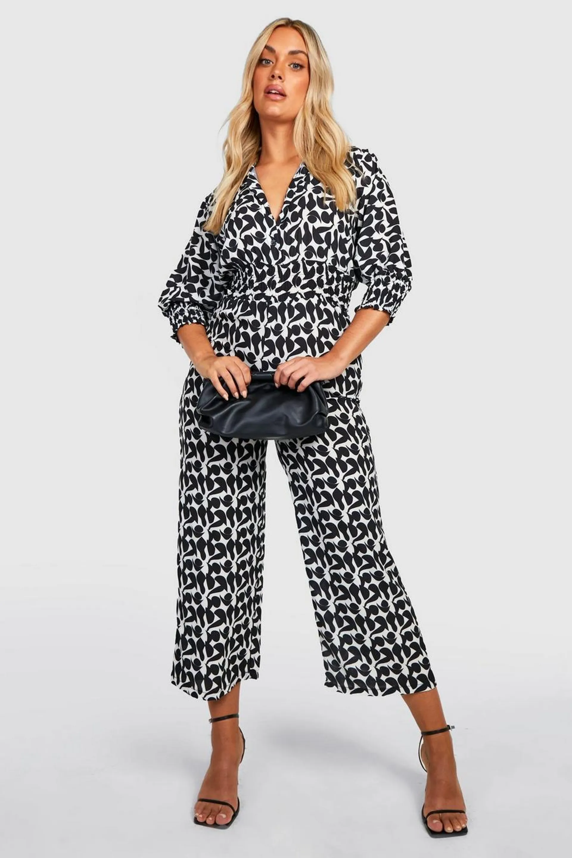 Plus Abstract Shirt Shirred Jumpsuit