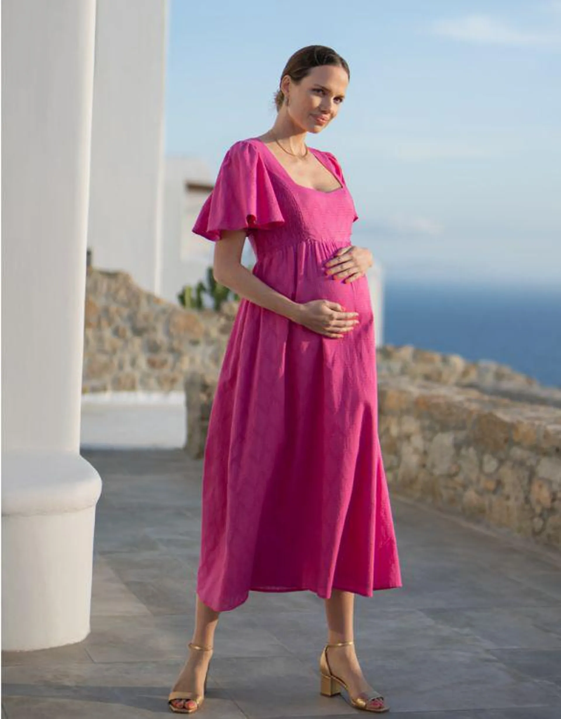 Fuchsia Pink Cotton Broderie Maternity & Nursing Dress