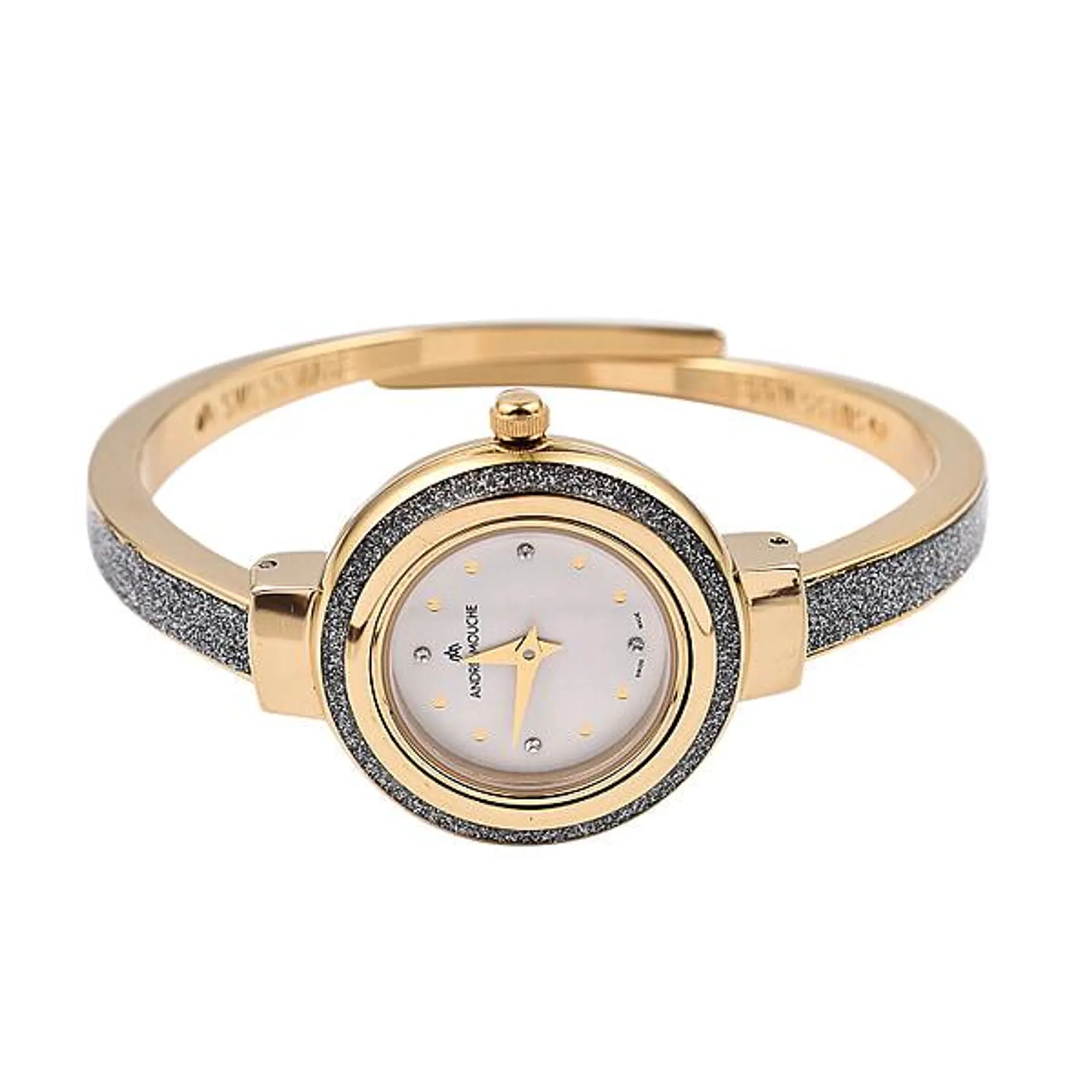 Andre Mouche Swiss Ronda Movement Aura Gold Silverpearl 18ct Gold Plated Ladies Bangle Watch (Size 6 - 6.5) in Two Tone