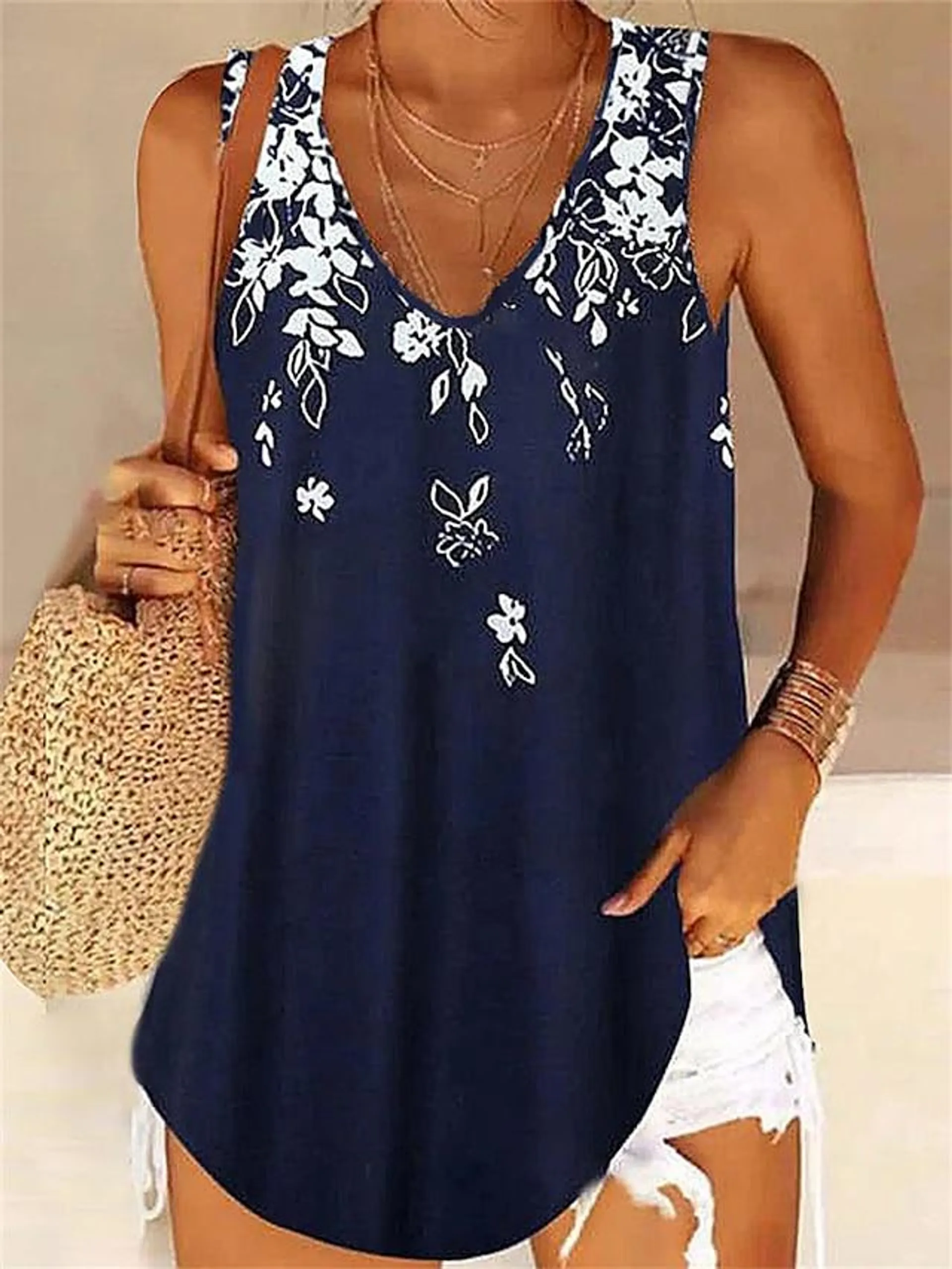 Women's Tank Top Camis Pink Blue Sky Blue Floral Print Sleeveless Casual V Neck Regular Floral S