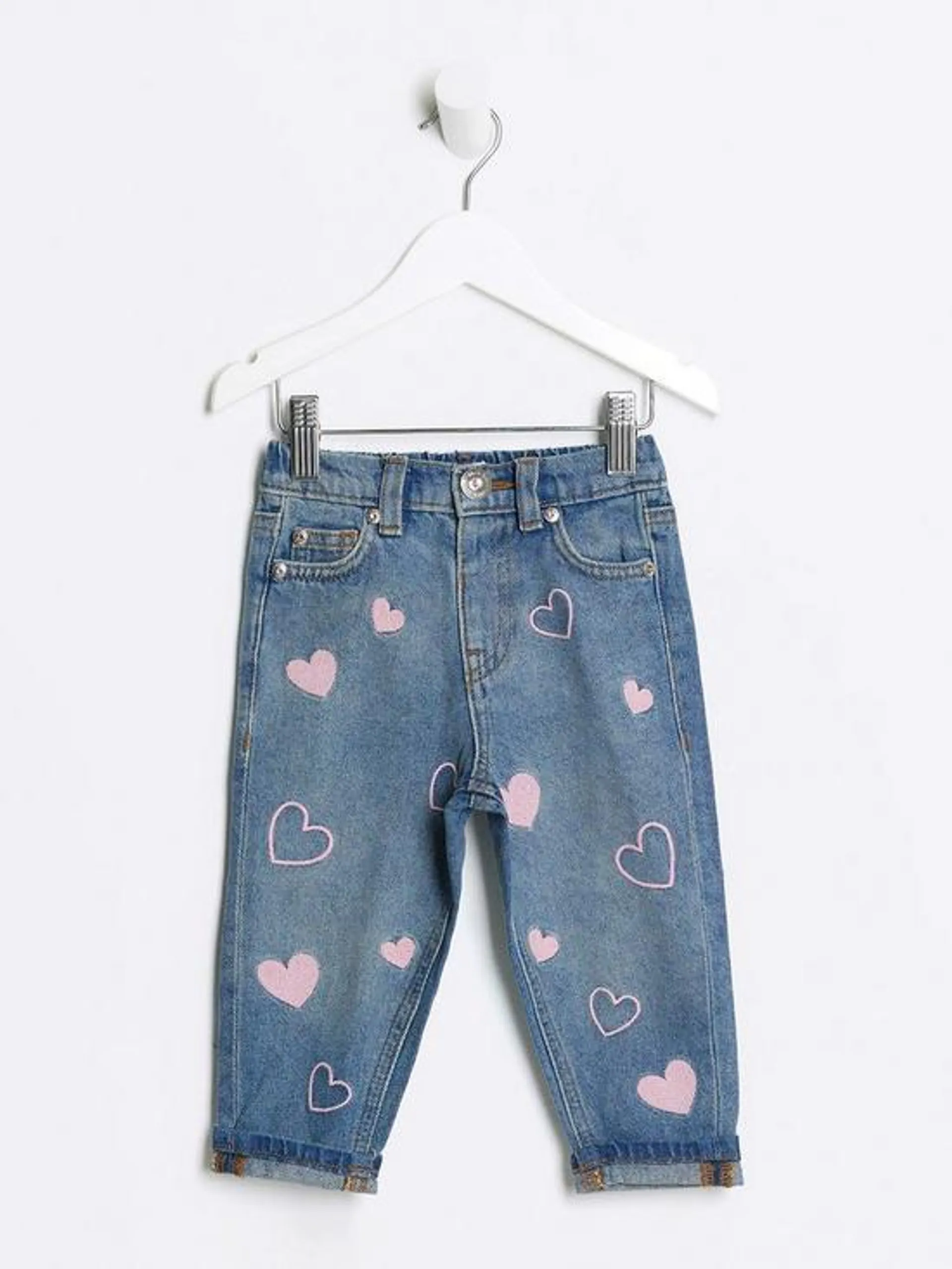 River Island Mini Mini Girls Embroidered Heart Mom Jeans - Blue