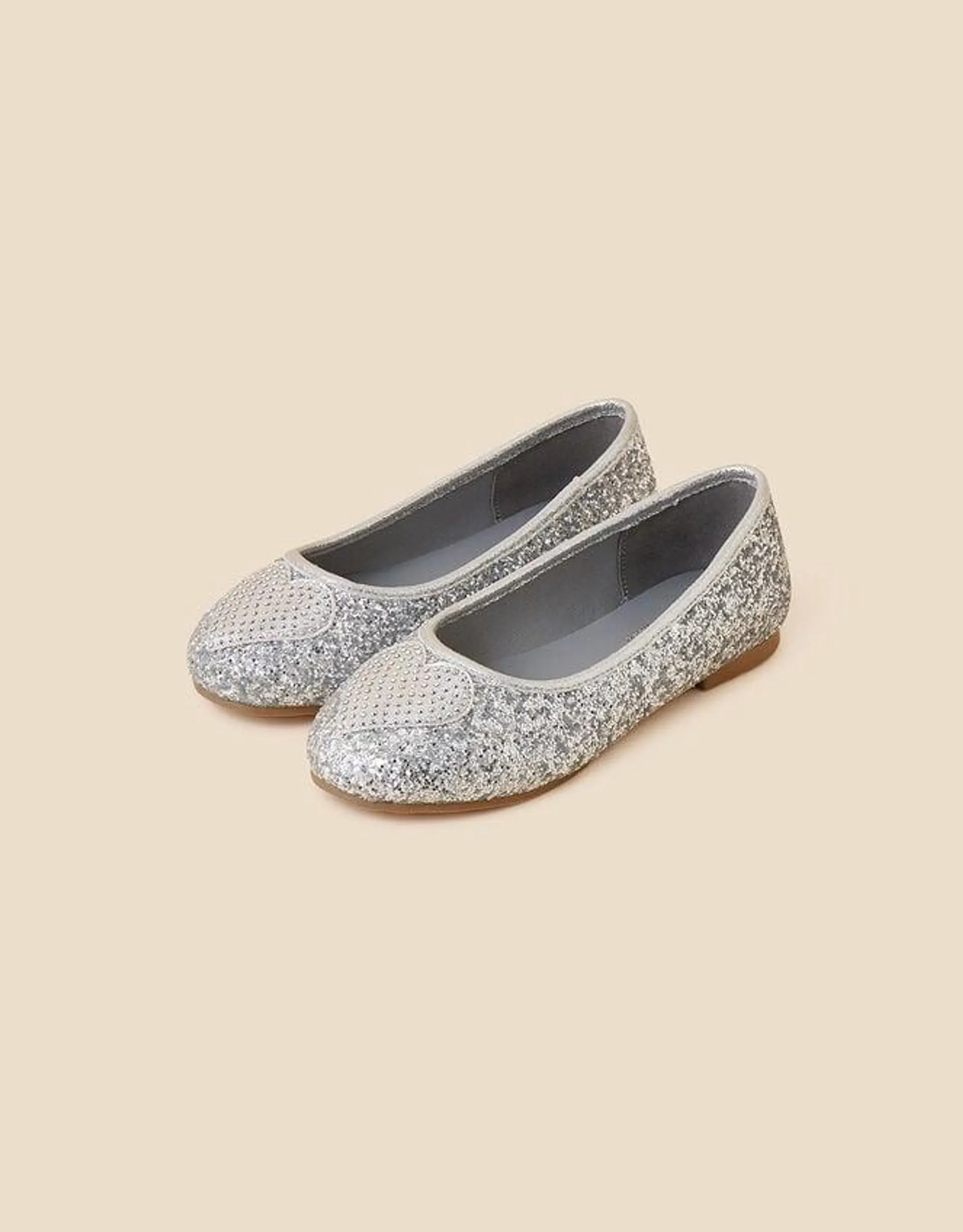 Girls Glitter Heart Ballerina Flats Silver