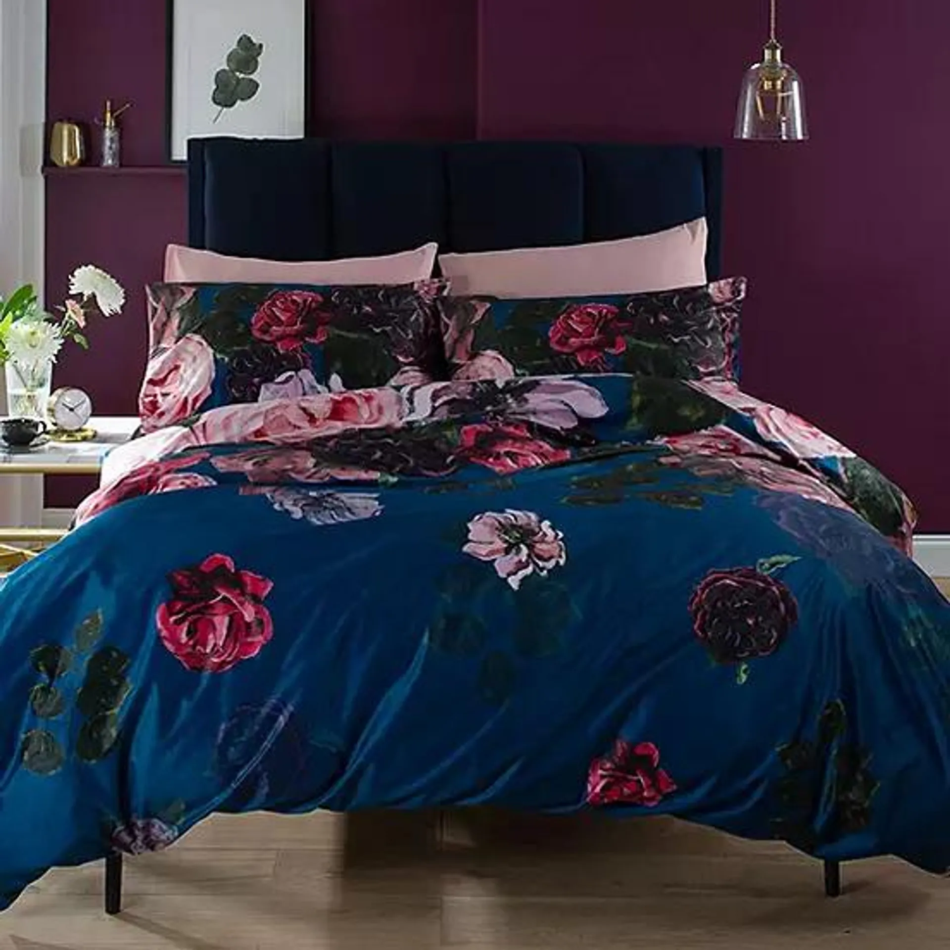 Deyongs Teal Bold Peony Velvet Duvet Cover Set